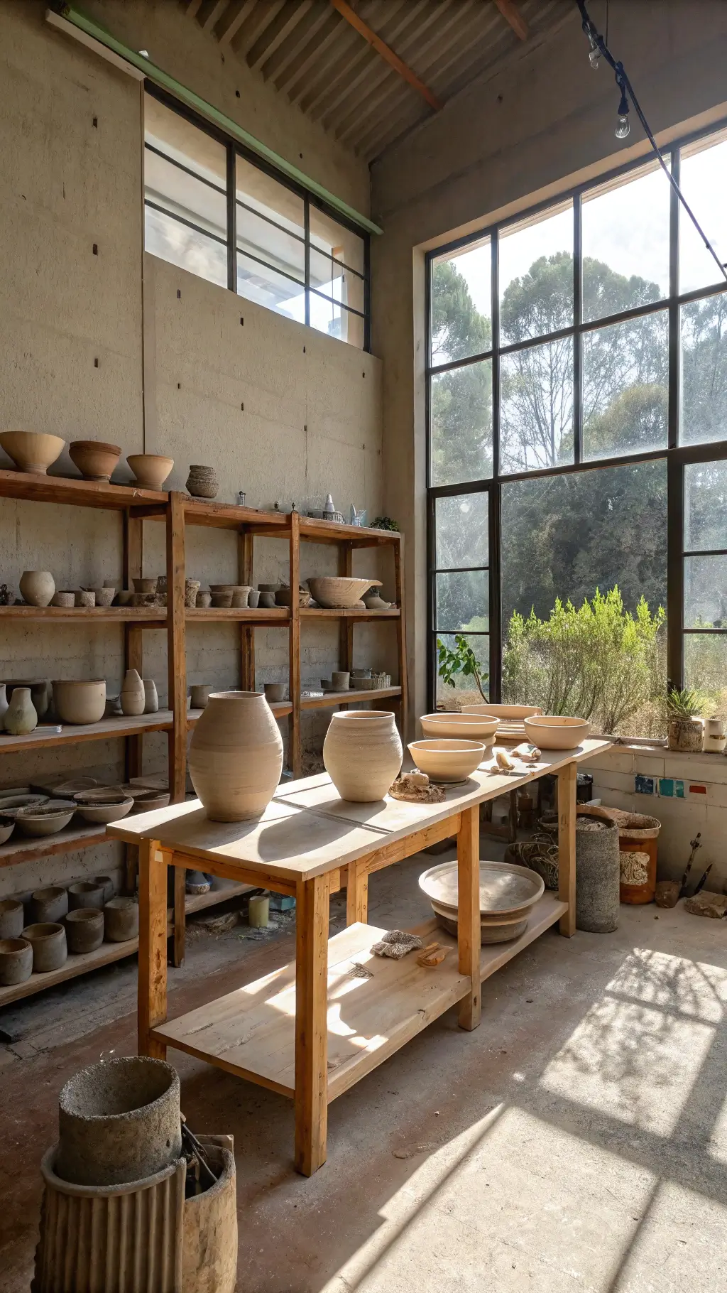 Minimalist pottery studio with morning light flooding in, focusing on textured workbench with earth-toned clay vessels, surrounded by wabi-sabi ceramics on wooden shelves.