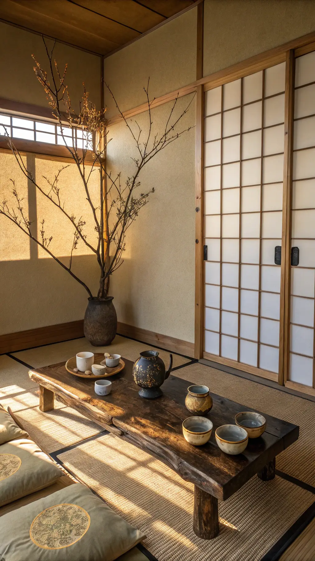 An intimate tea ceremony corner in a serene meditation room with golden sunlight filtering through shoji screens, highlighting a rustic wooden table with wabi-sabi tea bowls repaired with gold kintsugi, and a single ikebana arrangement on cream-colored walls with deep shadows.