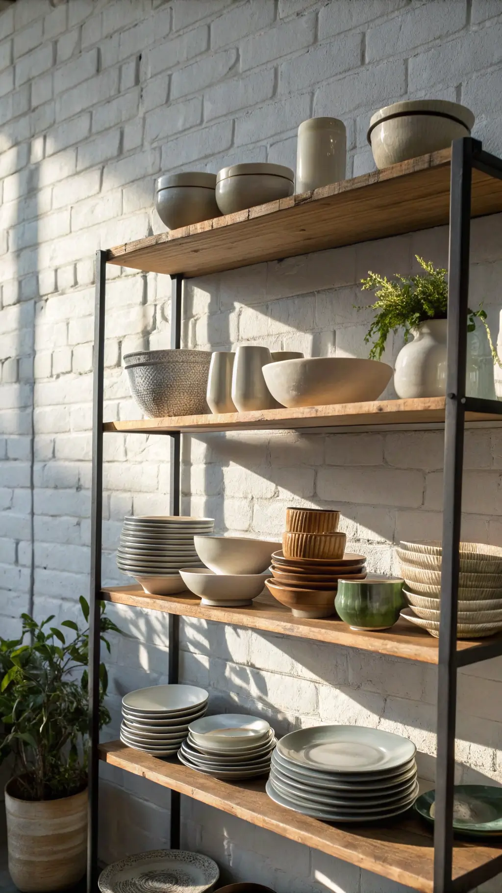Open shelving unit against white-washed brick in a modern kitchen, featuring handwoven linens and wabi-sabi crockery in white, cream, stone gray, copper, and moss green, bathed in dramatic early morning light.