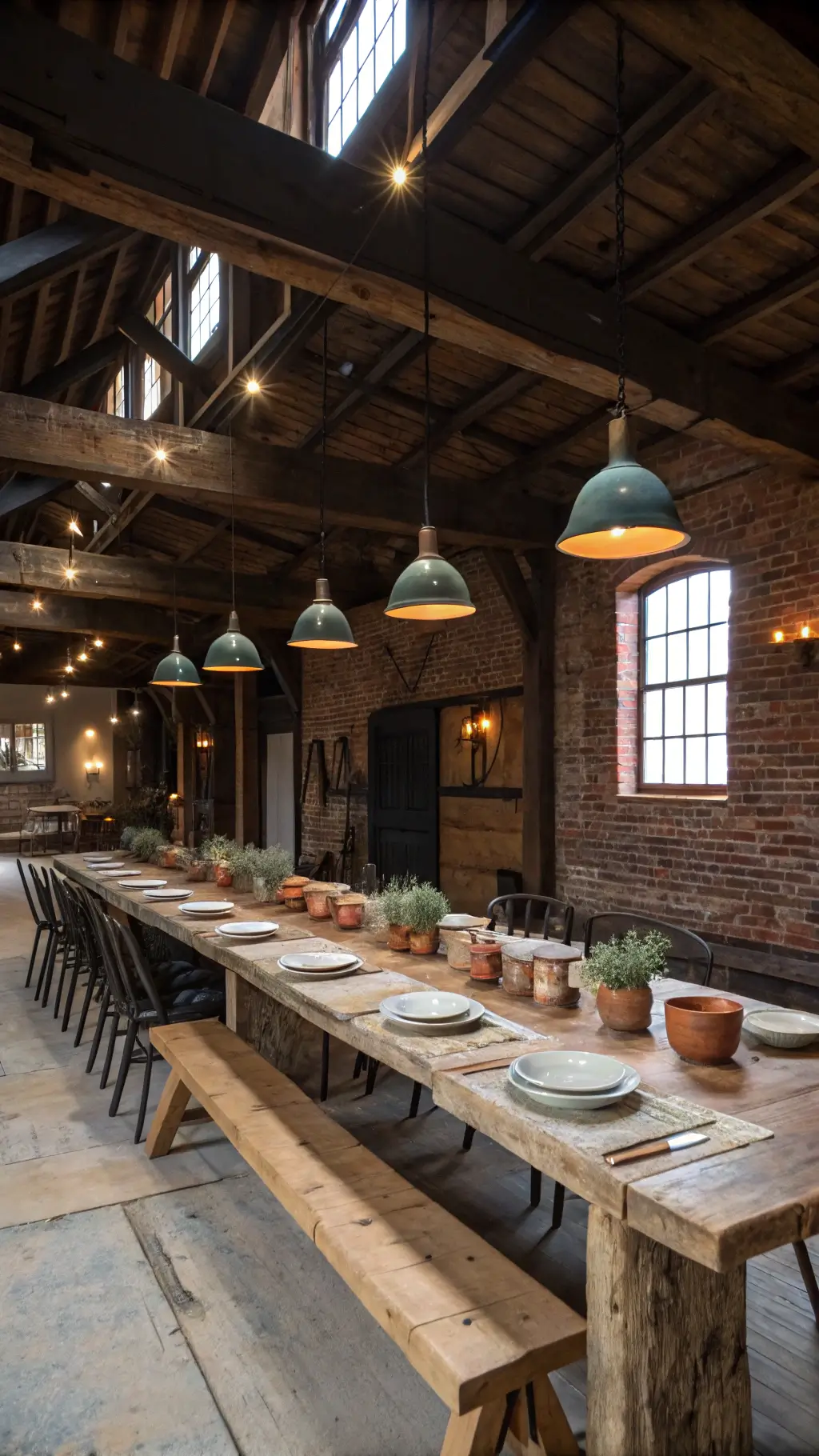 Rustic loft dining scene showcasing a long farmhouse table adorned with wabi-sabi vessels, under warm pendant lights, surrounded by textures of ceramics, aged wood, raw linen and patinated metal, colored in deep woods, clay earth tones, and oxidized metals, captured from a slightly elevated angle in dramatic chiaroscuro lighting