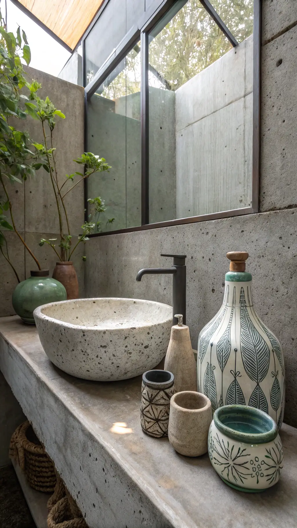 Zen bathroom corner with hand-carved stone sink, wabi-sabi pottery, and asymmetrical bath essential vessels against concrete walls in shades of slate gray, chalk white, and celadon green