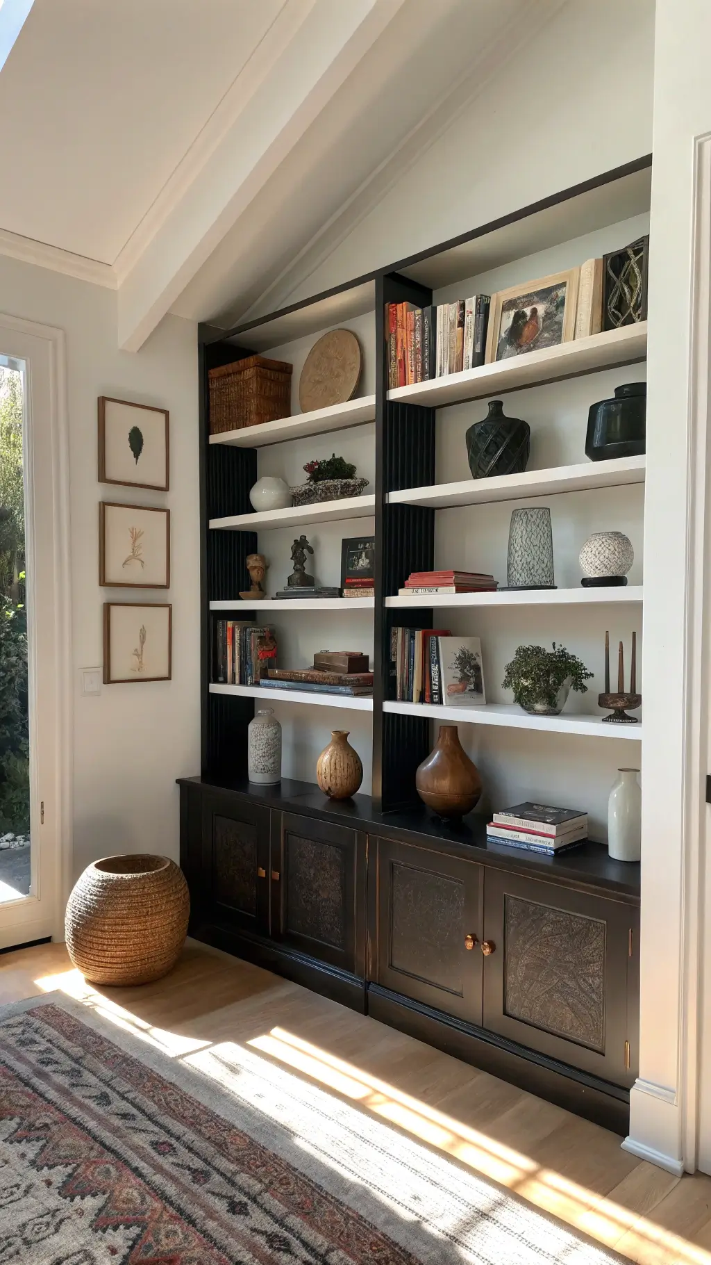Artist's collection of wabi-sabi pieces on floor-to-ceiling shelves in a sunlit living room alcove, displaying a range of colors from ivory to black with gold accents under dramatic natural lighting.