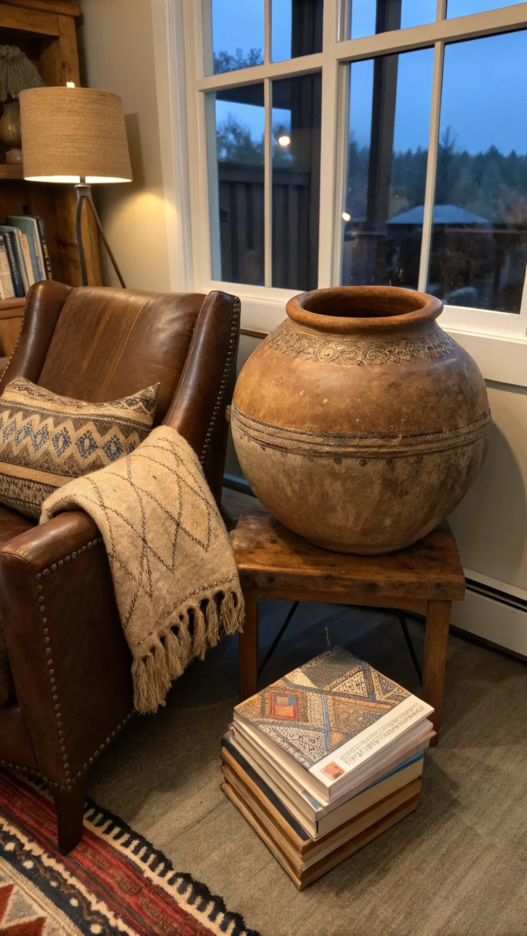 Vintage leather armchair and raw edge wooden side table in a cozy reading nook, accentuated by a large wabi-sabi vessel in dusk lighting with worn books and handwoven throw in earth tones.