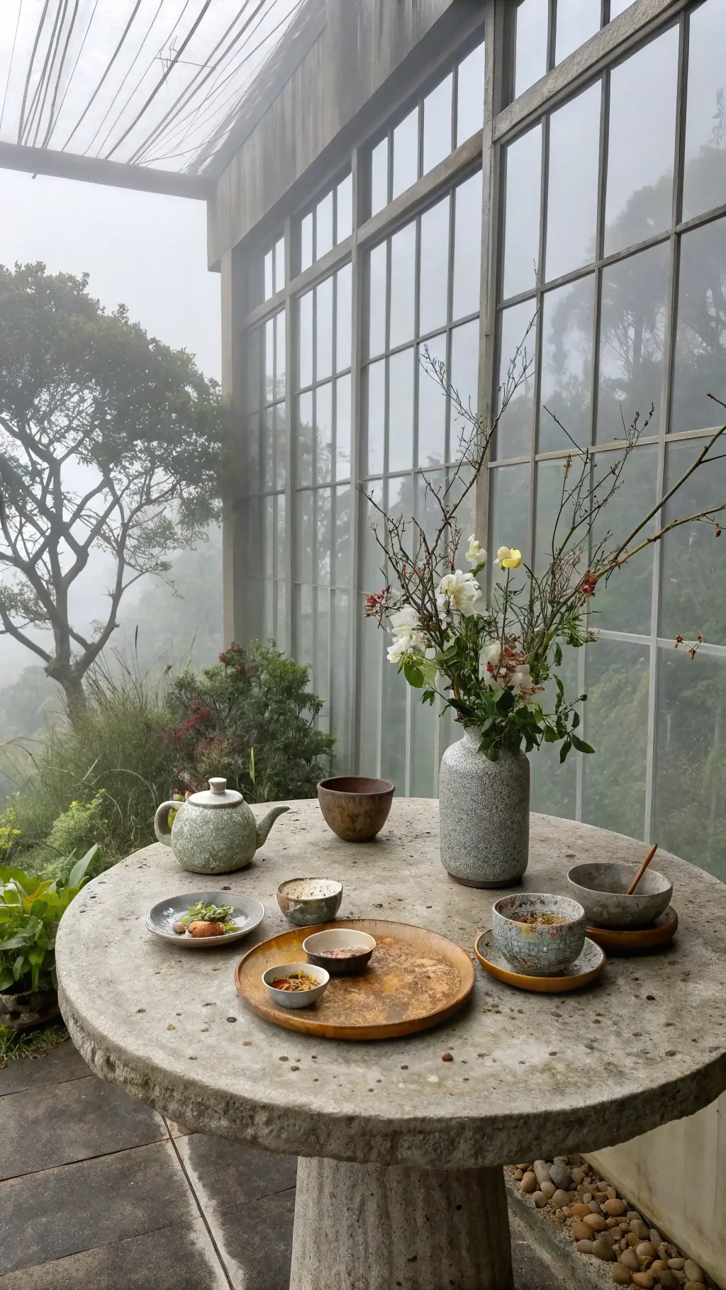 Wabi-sabi breakfast table setting in a garden-view room with morning mist visible through windows, aged ceramic pieces, fresh flowers in an asymmetrical vase, with a color palette of morning fog gray, natural clay, and green botanicals.