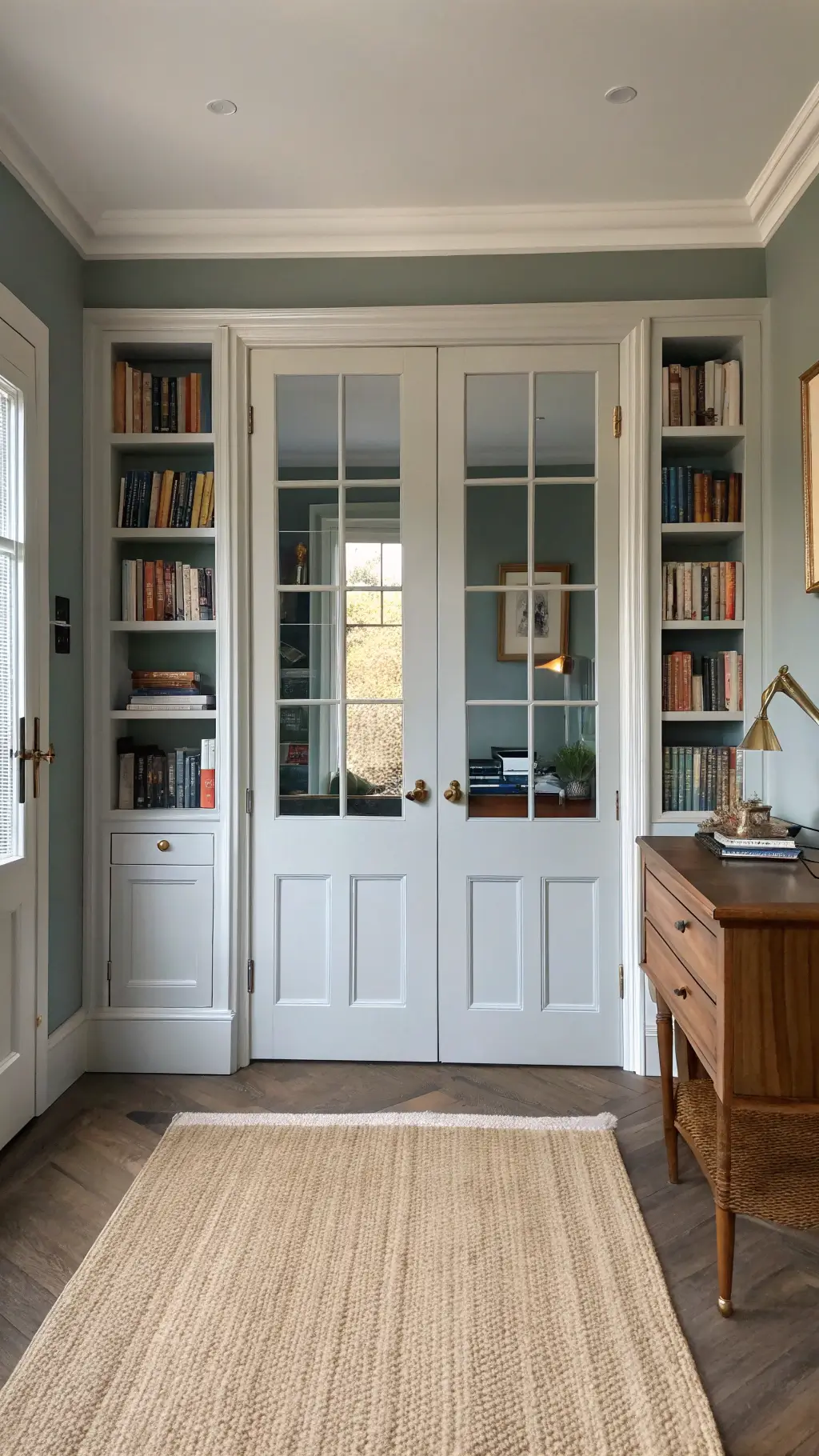 Mid-century modern home office with double French door painted in Farrow & Ball Pigeon, flanked by white bookshelves, featuring a walnut desk on a jute rug, under golden hour lighting