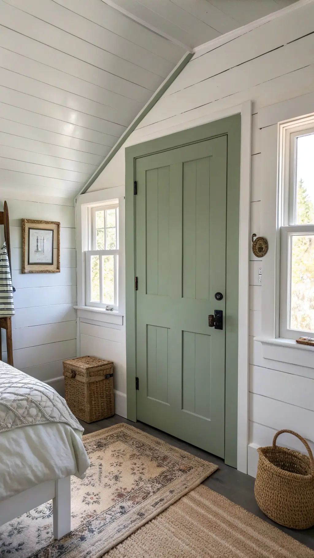 Cozy cottage bedroom entrance featuring a Sage Wisdom painted door with crystal knob, aged brass backplate, whitewashed shiplap walls, and vintage wool runner in cream and sage, bathed in soft diffused daylight.