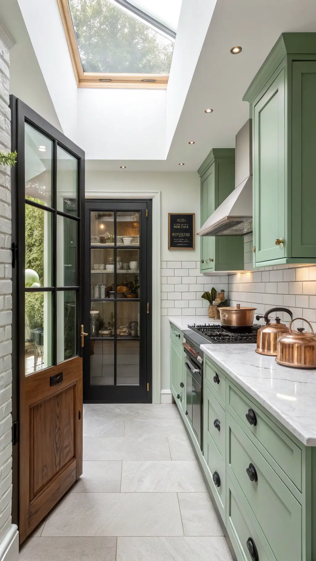 Contemporary kitchen in Yeabridge Green with a butler's pantry door, white marble counters, subway tile backdrop, and copper cookware, highlighted by controlled lighting and a skylight.