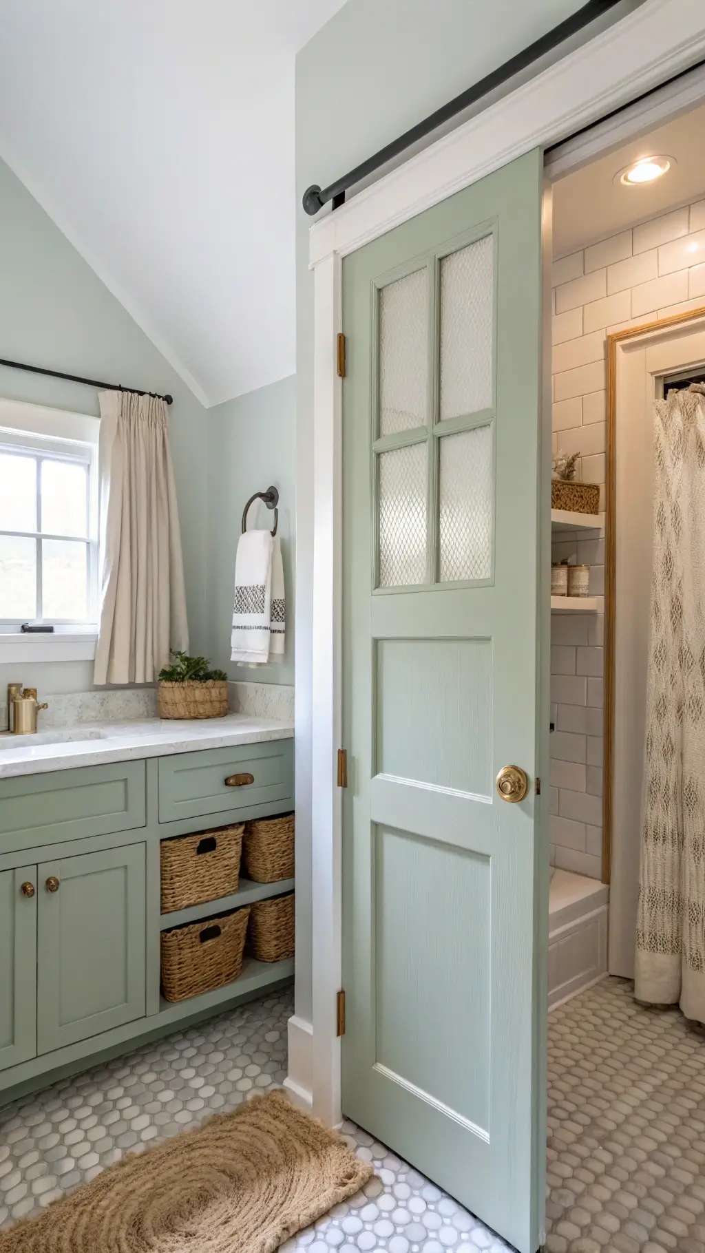 Scandinavian-inspired bathroom in Saybrook Sage with pocket door, white penny tile floor, bleached oak vanity, and linen shower curtain under soft morning light.