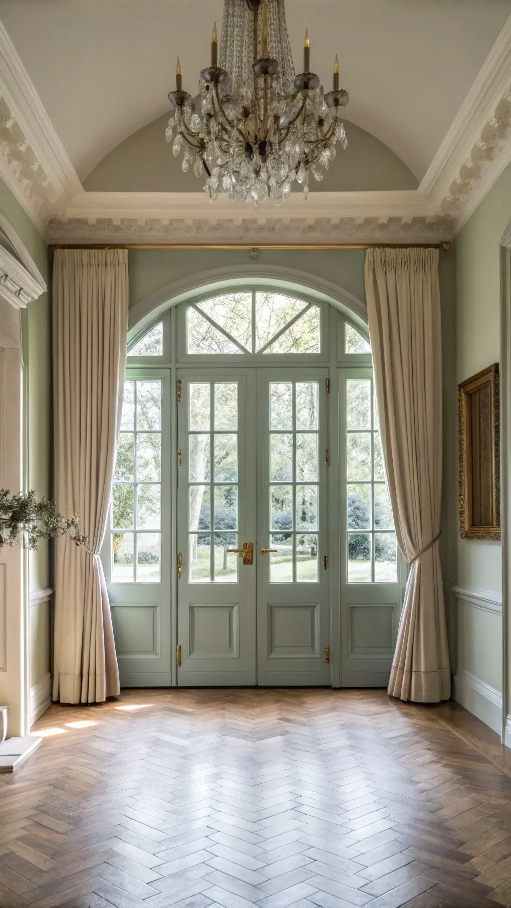Elegant traditional living room with cathedral ceiling, floor-to-ceiling windows, paneled double doors in Farrow & Ball Pigeon color, herringbone hardwood floors, and crystal chandelier
