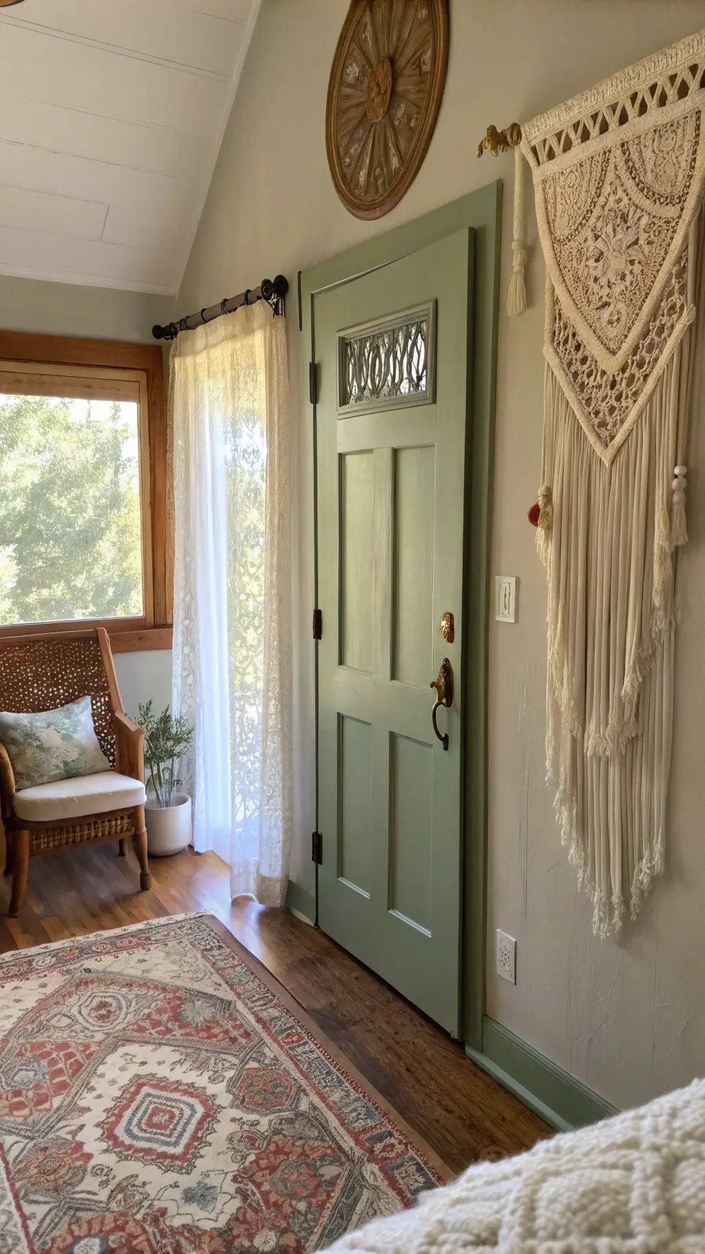 Bohemian guest bedroom entrance featuring a Sage Wisdom door, decorative ceiling medallion, vintage glass doorknob with ornate brass plate, Moroccan rug, macramé wall hanging, rattan chair, and dappled morning light filtering through lace curtains.