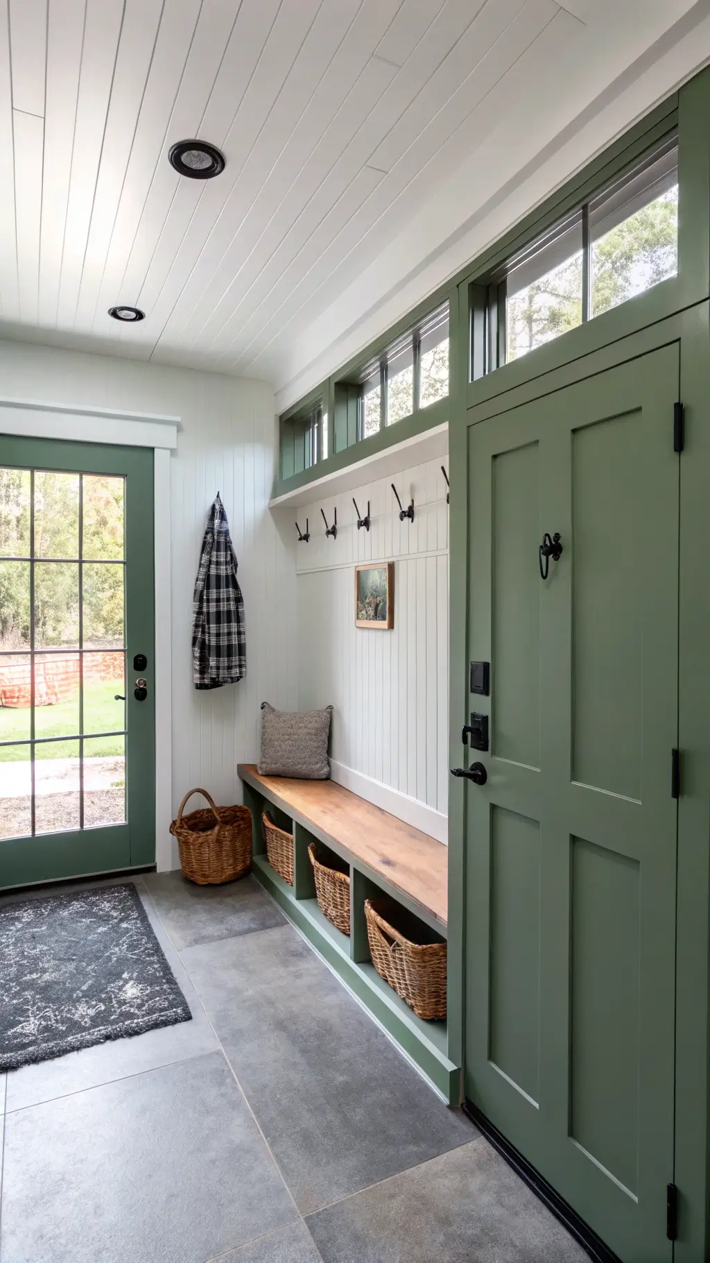 Modern mudroom with Yeabridge Green dutch door, built-in storage, board and batten walls and high ceiling, illuminated by natural light from a garden window