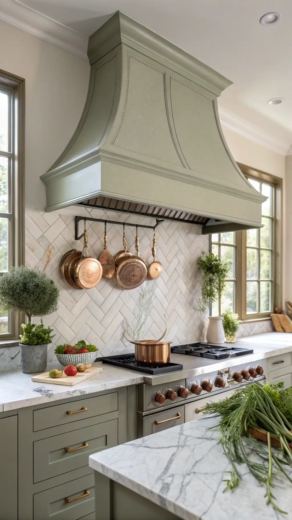 Professional sage-colored kitchen with herringbone marble backsplash, copper cookware, and potted herbs under morning light.