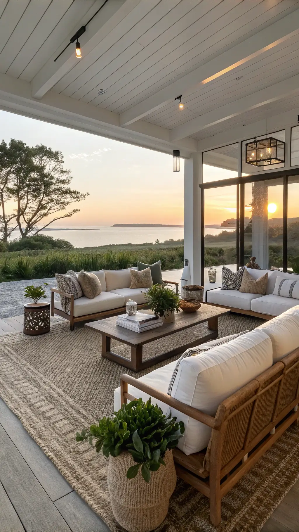 Open-concept living space bathed in dawn light, featuring a warm white sectional sofa, vintage kilim rugs on seagrass, reclaimed oak coffee table styled with greenery, and black steel accent furniture, highlighting serene and modern atmosphere.