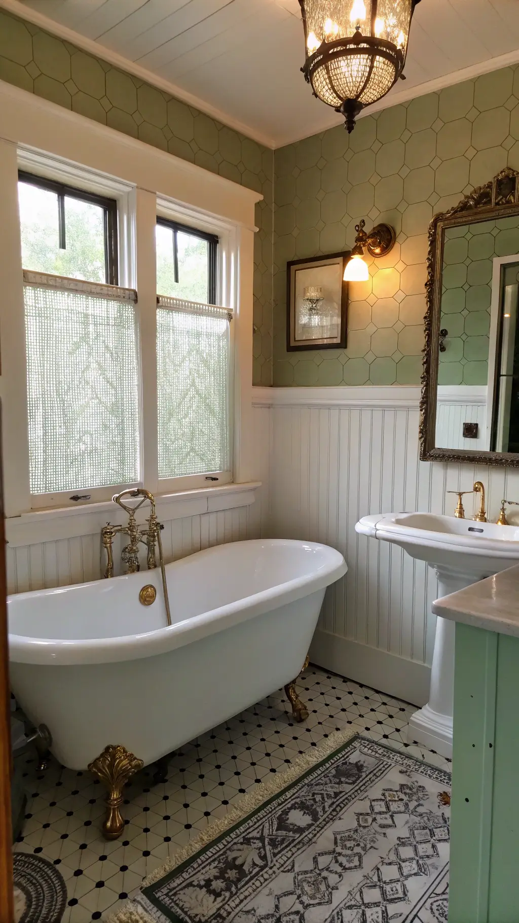 Vintage bathroom with white clawfoot tub, sage green beadboard walls, pressed tin ceiling, pedestal sink with brass hardware, hexagon floor tiles, crystal doorknobs and sconces, and a gold-framed mirror, illuminated by early morning light and warm artificial lighting.