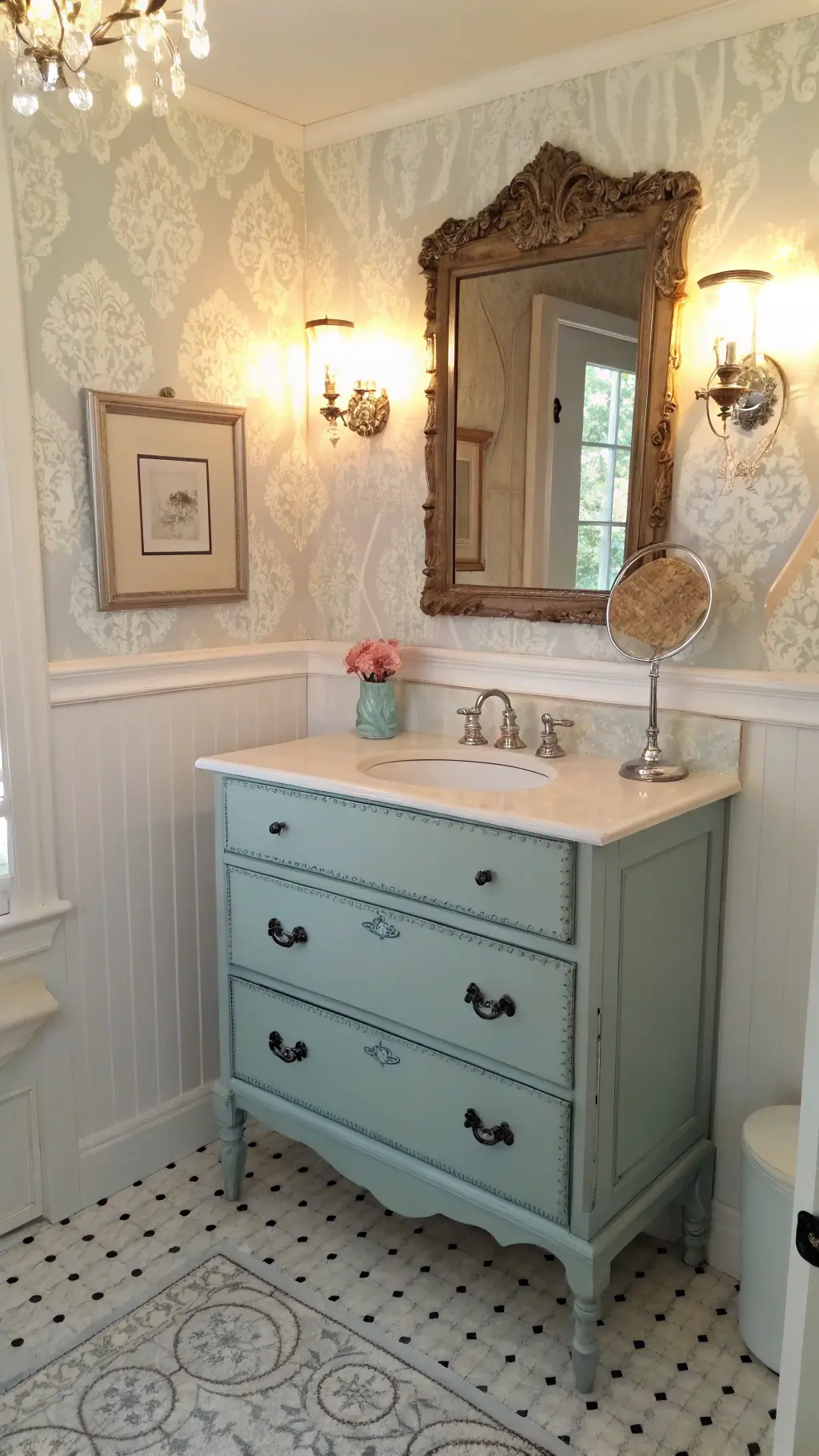 Vintage powder room with blue Victorian dresser-turned-vanity, cream and silver damask wallpaper, mirrored sconces, silver baroque mirror, and white penny tile flooring with black flower motifs, shot in honeyed afternoon light