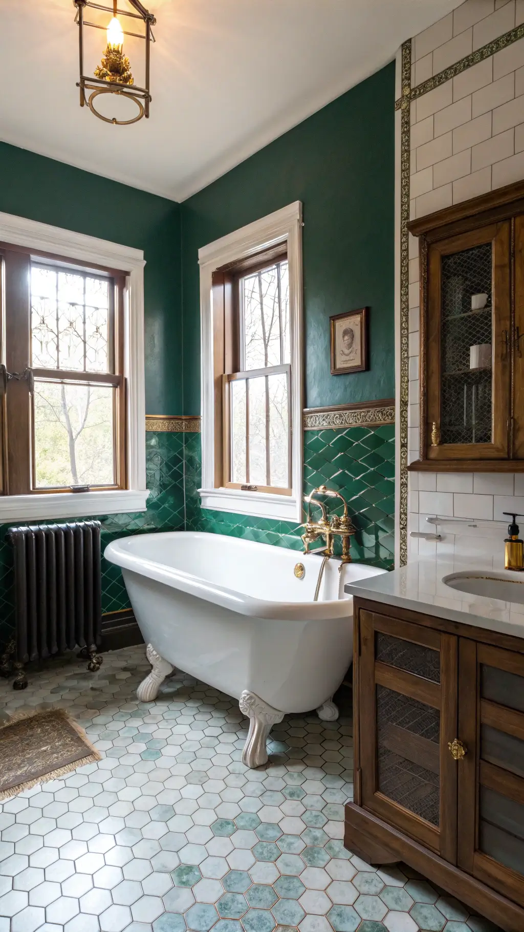 Vintage-style bathroom with deep emerald subway tiles, a gleaming white enamel pedestal tub, antique brass towel warmer, and a weathered oak pharmacy cabinet, lit by natural light filtering through leaded glass windows over marble hexagon floor tiles.
