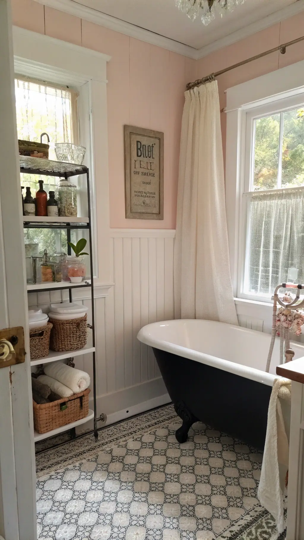 Nostalgic bathroom retreat lit by soft morning light, featuring pale pink walls, a black and white clawfoot tub, vintage copper caddy, antique washstand with apothecary jars and cut glass vessels, and art deco floor tiles.