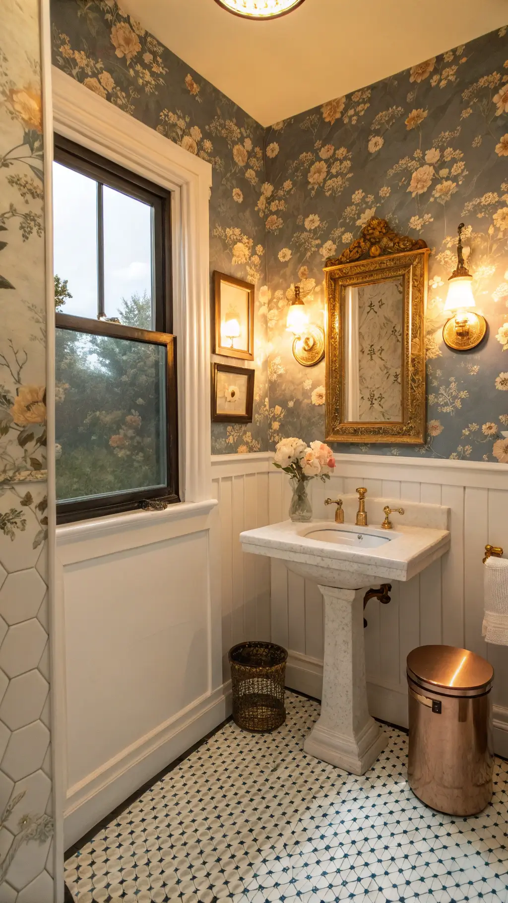 Vintage-inspired powder room with floral wallpaper, white hex tile floor, Victorian marble washstand with copper sink, and gold Venetian mirror in warm sunlight.
