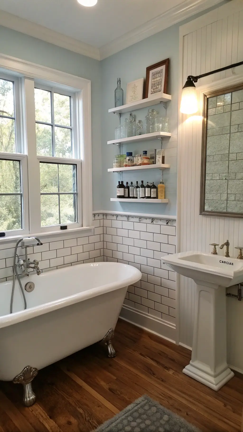 Vintage-inspired bathroom with pale blue walls, subway tile wainscoting, a 1930s pedestal tub under a sash window, vintage perfume collections on built-in shelves, and refinished hardwood floors, lit by soft afternoon light.