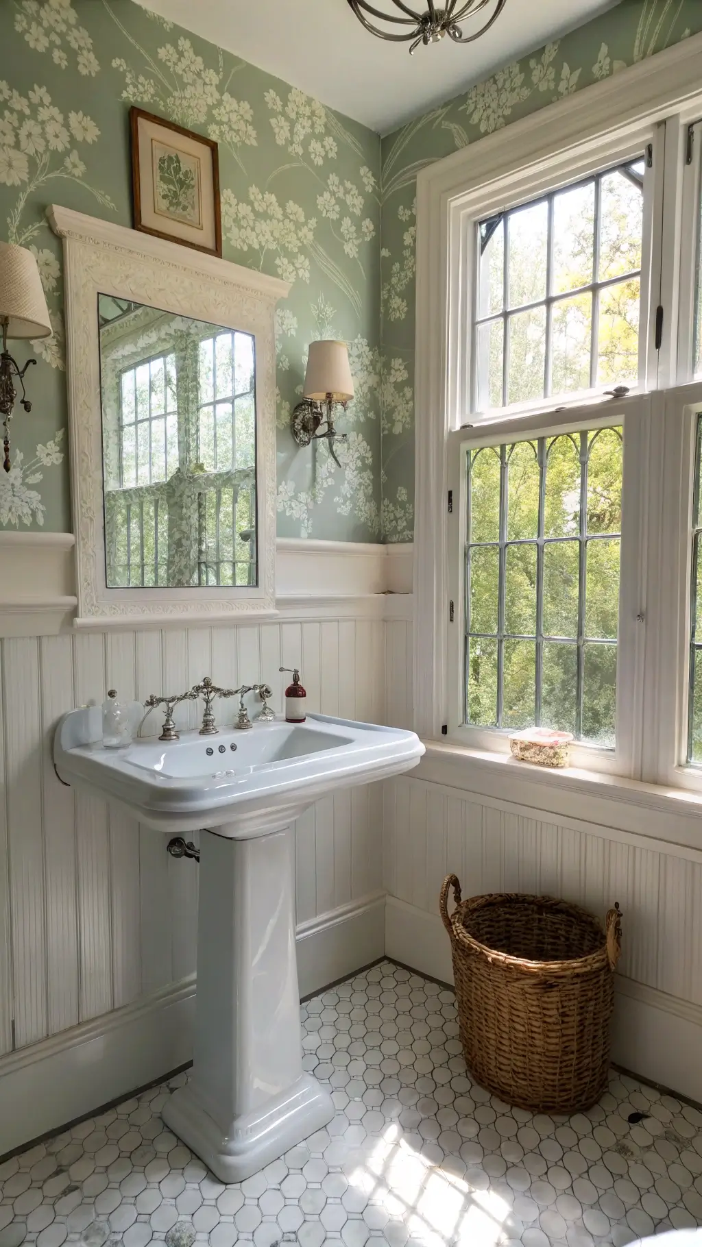 Vintage bathroom with sunlit leaded glass windows, soft sage hand-blocked wallpaper, white beadboard, pedestal sink with nickel fittings, oversized beveled mirror, and marble basket weave floor tiles