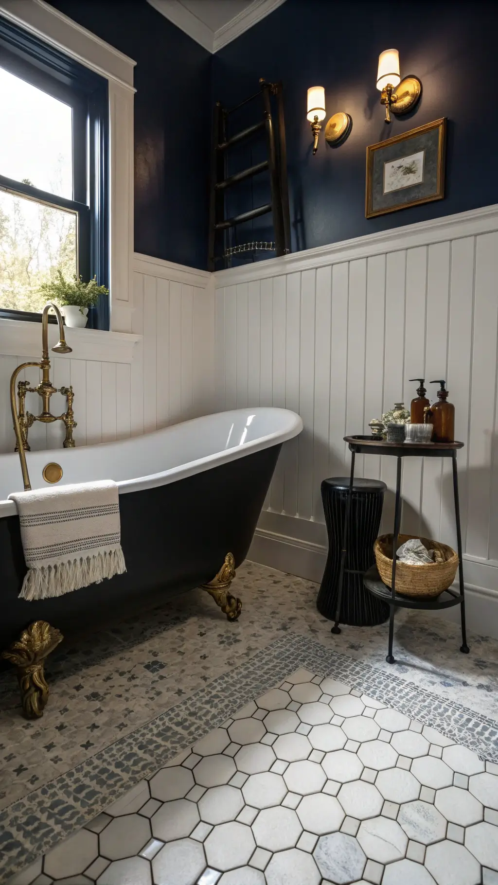 Vintage-styled bathroom with navy walls, white tiles, a black clawfoot tub, brass fixtures and an antique Chinese garden stool with crystal accessories, highlighted by moody evening light.