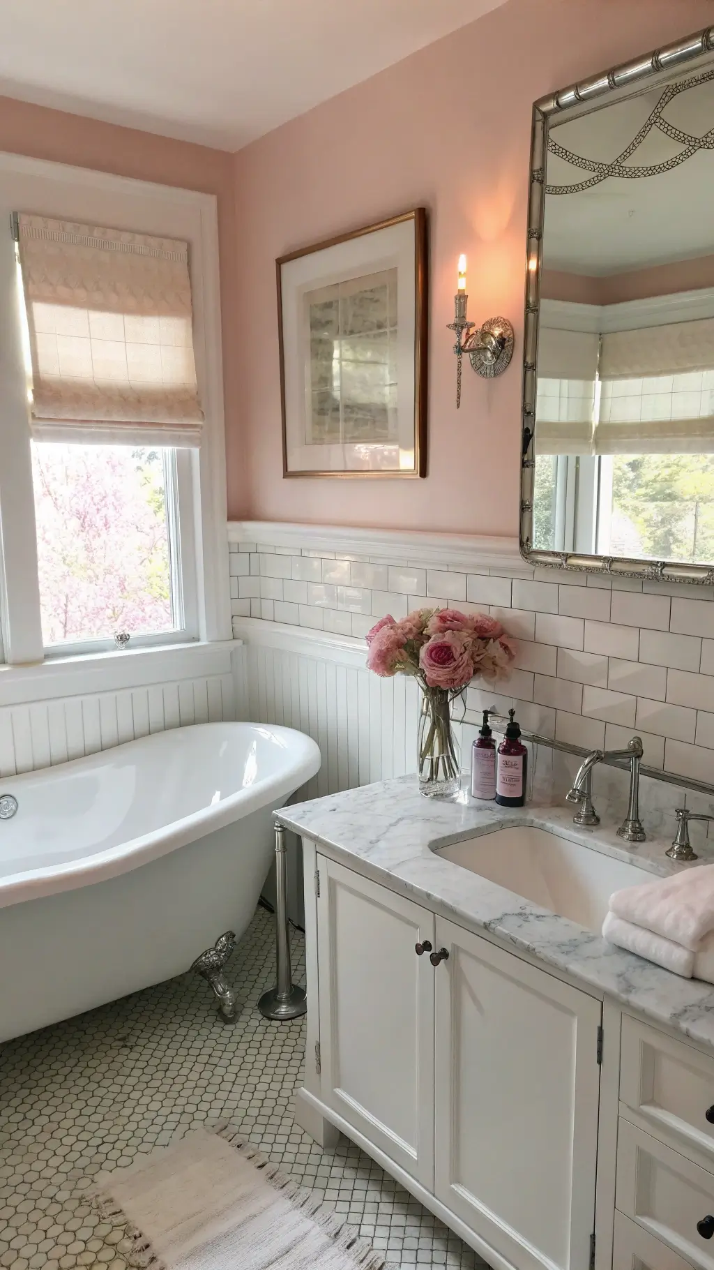Aerial view of an intimate bathroom painted in Benjamin Moore Pleasant Pink with vintage-inspired subway tile wainscoting, marble countertop vanity, polished nickel fixtures, and a clawfoot tub. The room is accented with crystal perfume bottles, white peonies in a silver vase, and a plush white bath mat.