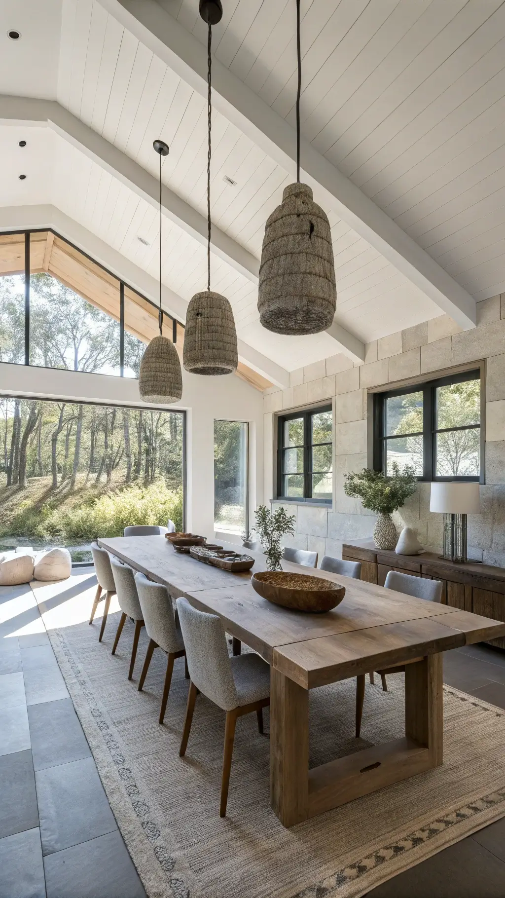 Minimalist dining room with wabi sabi pendants over reclaimed oak table, natural placemats and pottery, with early morning light streaming in through floor-to-ceiling windows.