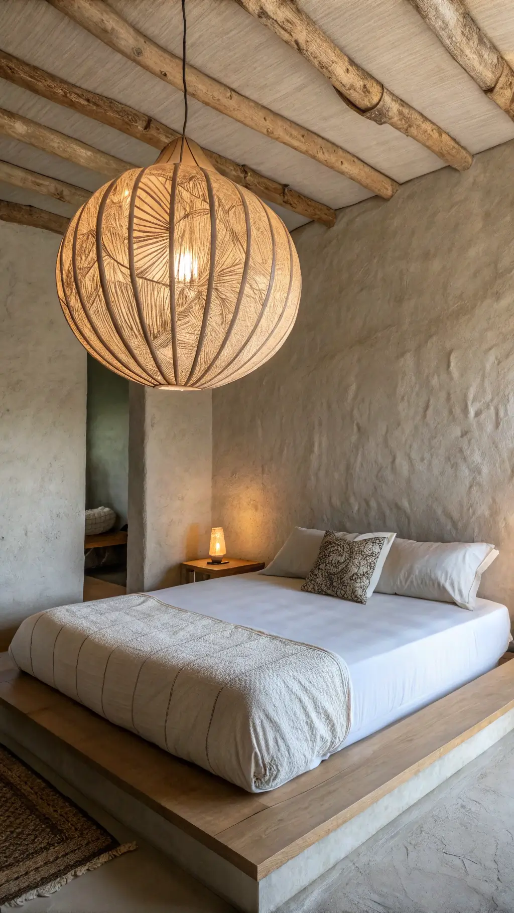Meditative bedroom corner with 8x10ft alcove, single wabi sabi pendant light made of raw wood and paper casting patterns at dusk, positioned above a low-profile platform bed with undyed linen, set against textured plaster walls in muted earth tones.