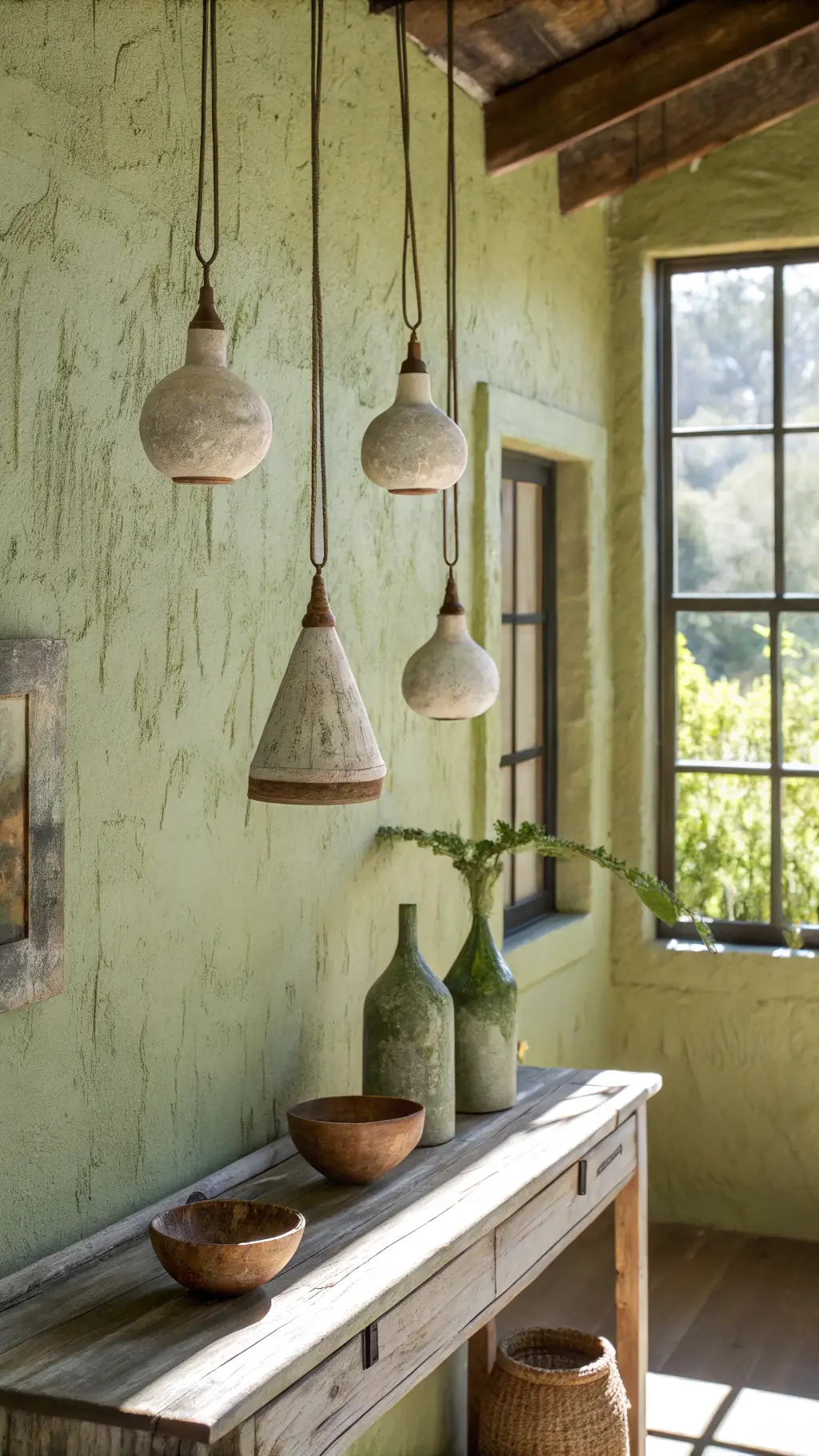 6x8ft Zen-inspired entryway with three wabi sabi ceramic pendants, lime-wash wall, natural light from window creating shadows on handmade pottery on weathered console table.