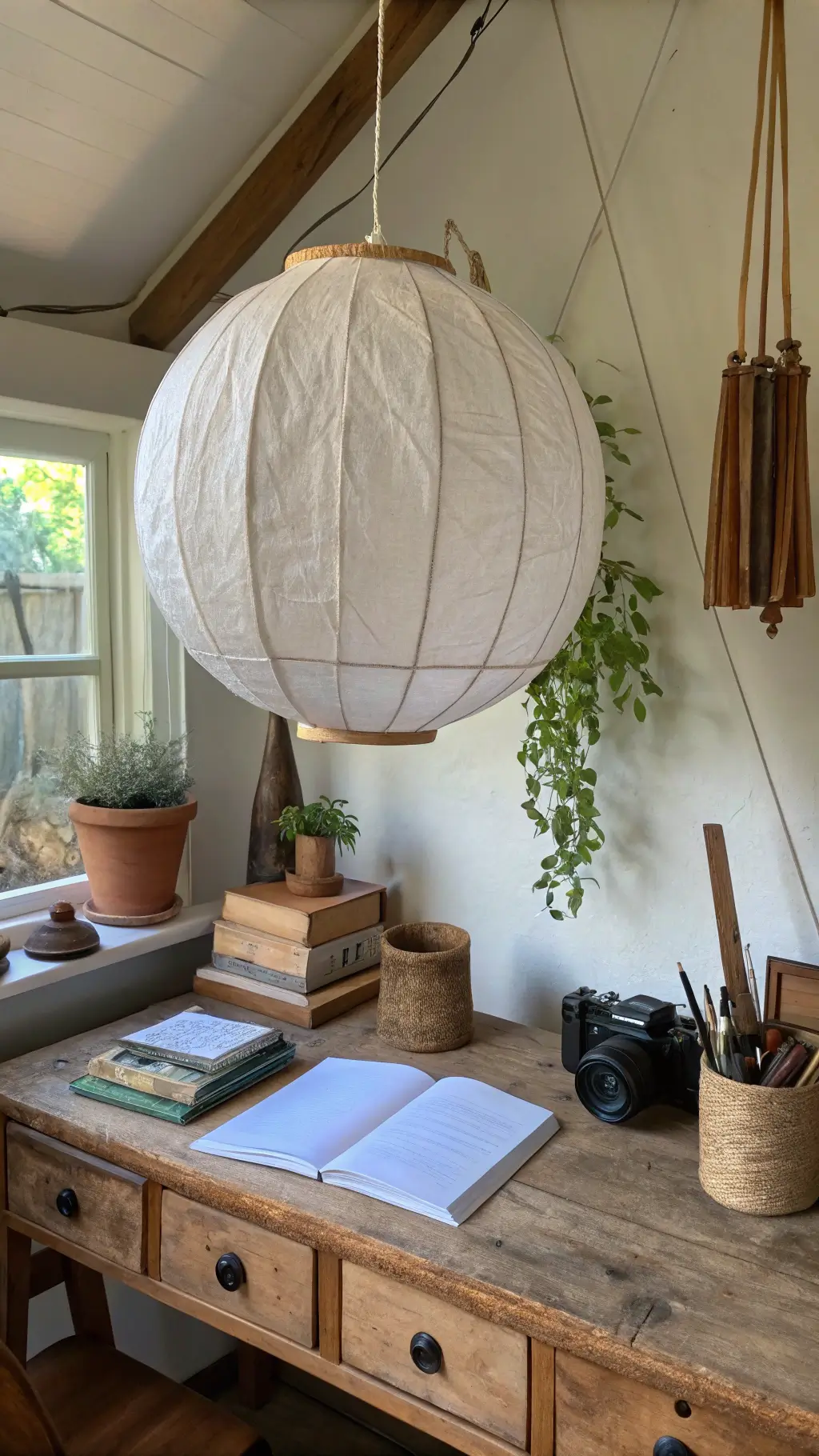 Mid-morning light illuminating a rustic wooden desk under a hand-formed paper and bamboo pendant in a harmonious studio workspace, decorated with natural objects, old leather books, and handmade earthy pottery.