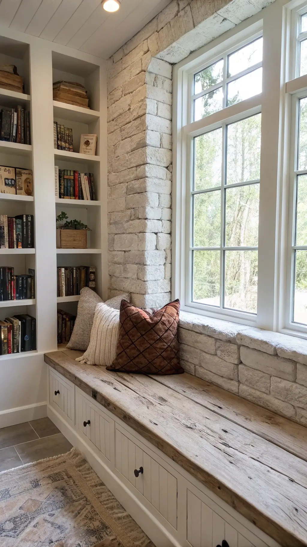 1211cozy stone wood reading nook