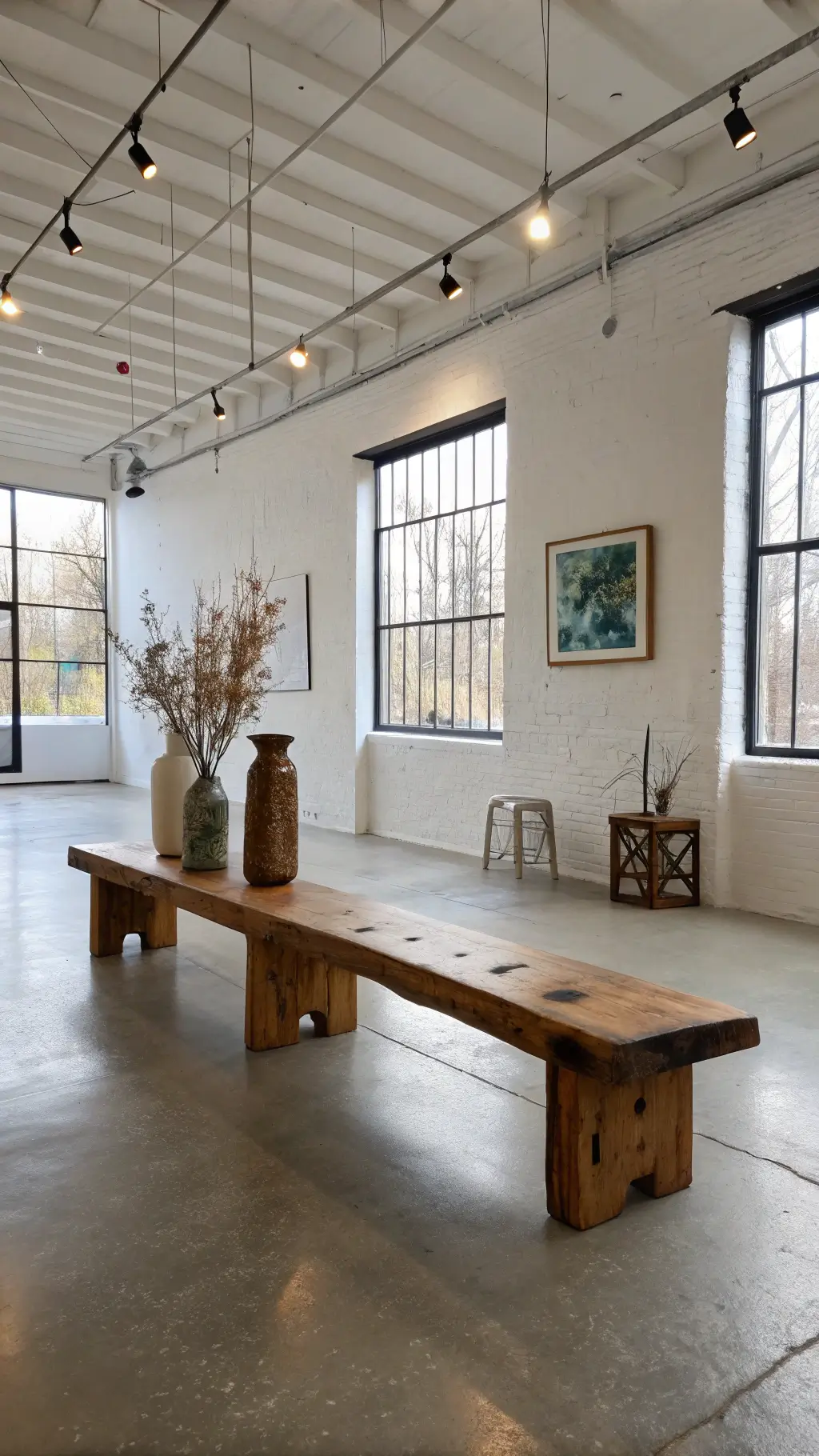 Bright and airy artist's studio with Japanese-inspired wood bench, ceramic vessels and dried botanicals, illuminated by natural light from large industrial windows.
