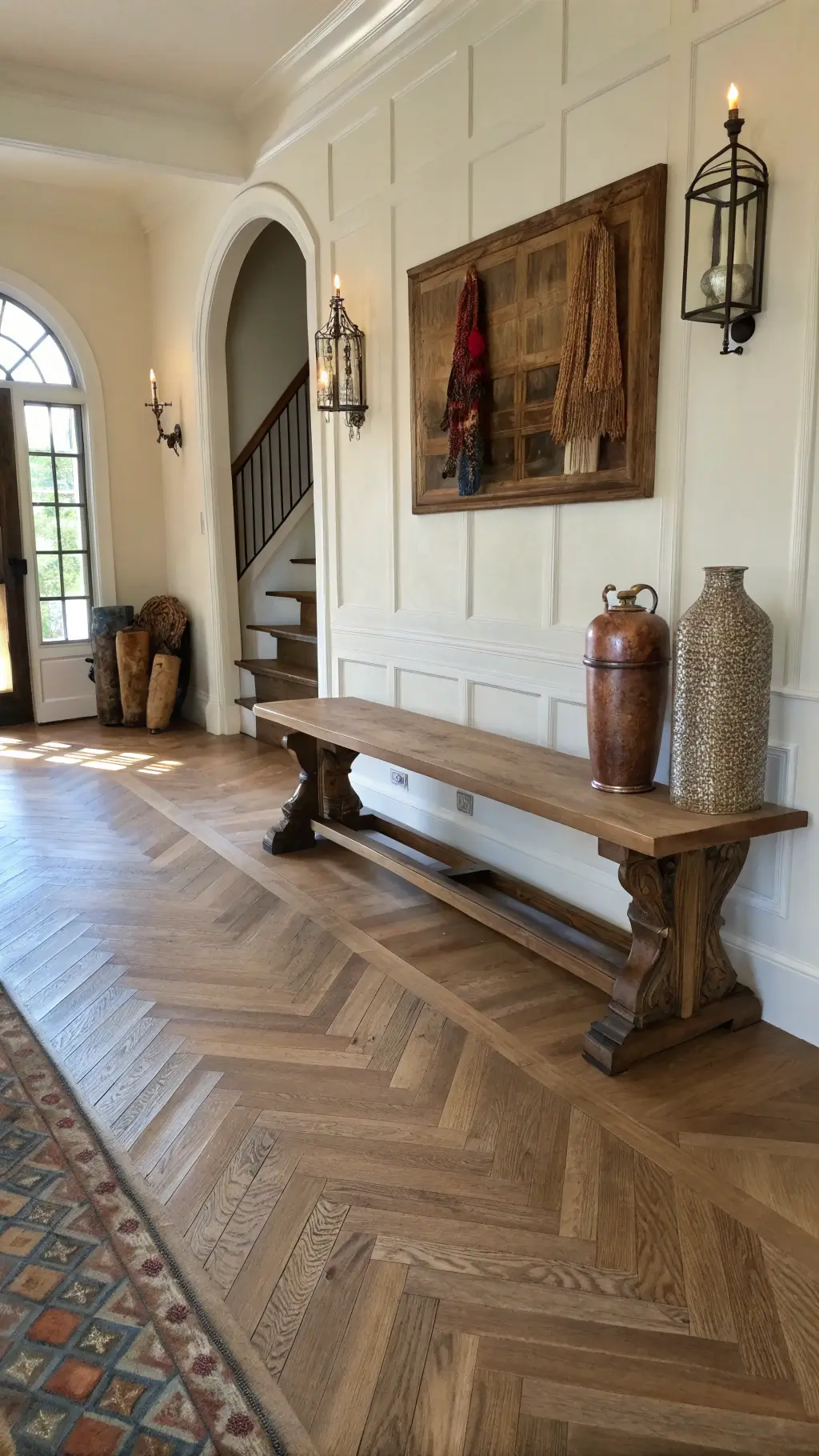 Elegant 11'x13' foyer featuring herringbone wood floors, lime-washed walls, a vintage copper vessel, hand-loomed textile, and a well-used traditional 5' walnut bench, bathed in mid-morning light creating subtle shadows.