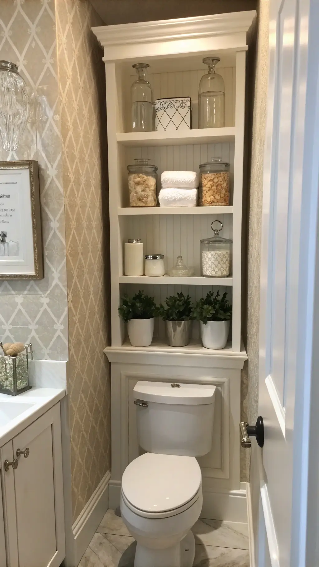 1225elegant powder room storage shelves