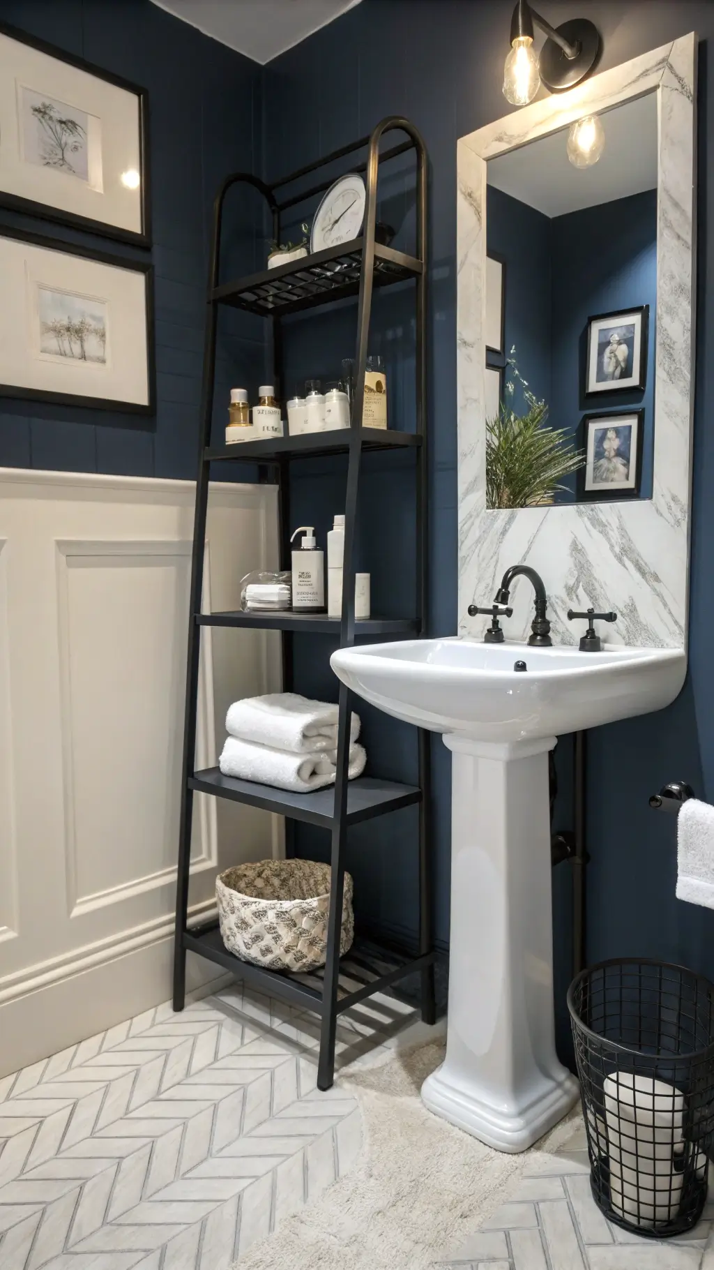 Sophisticated small bathroom with navy walls, matte black tiered shelf unit with marble shelves, pedestal sink, minimalist accessories, and herringbone tile floor reflected in mirror.