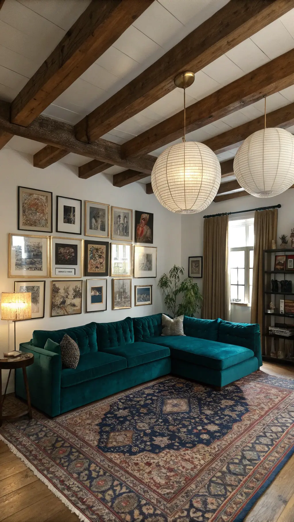 Eclectic 20x25ft living room with exposed wooden beams, peacock blue velvet sectional on a jewel-toned Persian rug, vintage botanical prints and modern abstract art on a gallery wall, oversized paper lanterns, global artifacts on floating shelves, shot in golden hour lighting with dramatic shadows.