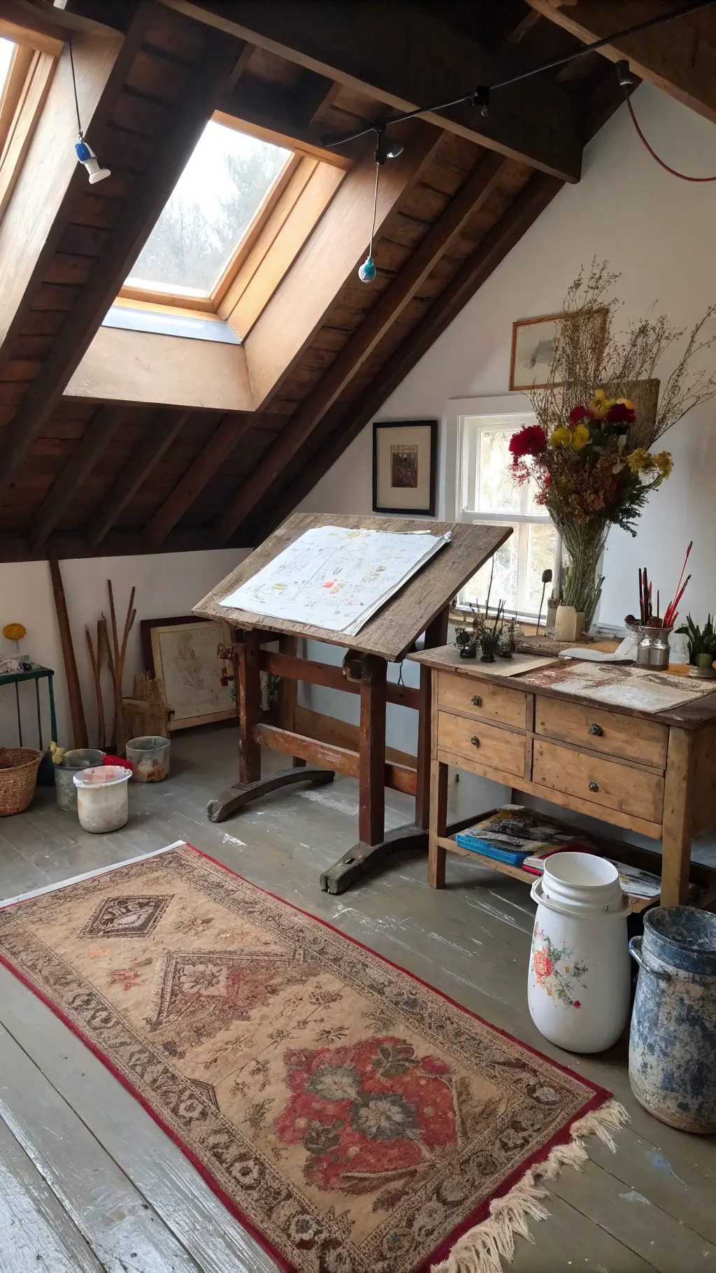 Overhead view of an artist's studio in a converted attic displaying an organized chaotic arrangement of art supplies, a vintage drafting table, a threadbare Persian rug, and dried flowers hanging from exposed beams, all bathed in natural light from skylights.