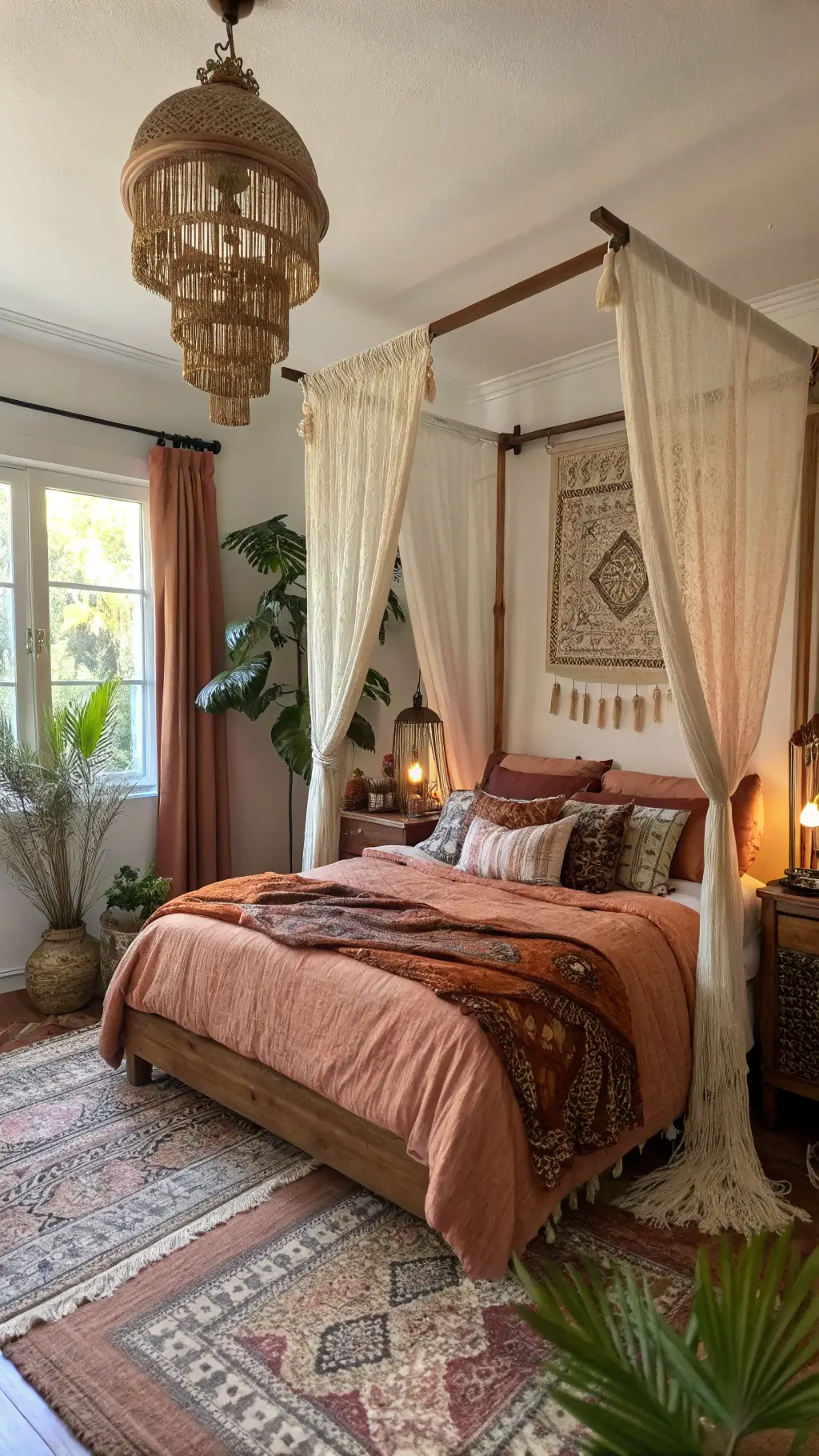 Bohemian style main bedroom featuring vintage textiles, macramé wall hanging, Moroccan brass lanterns, and pampas grass in ceramic pots, bathed in golden hour light.