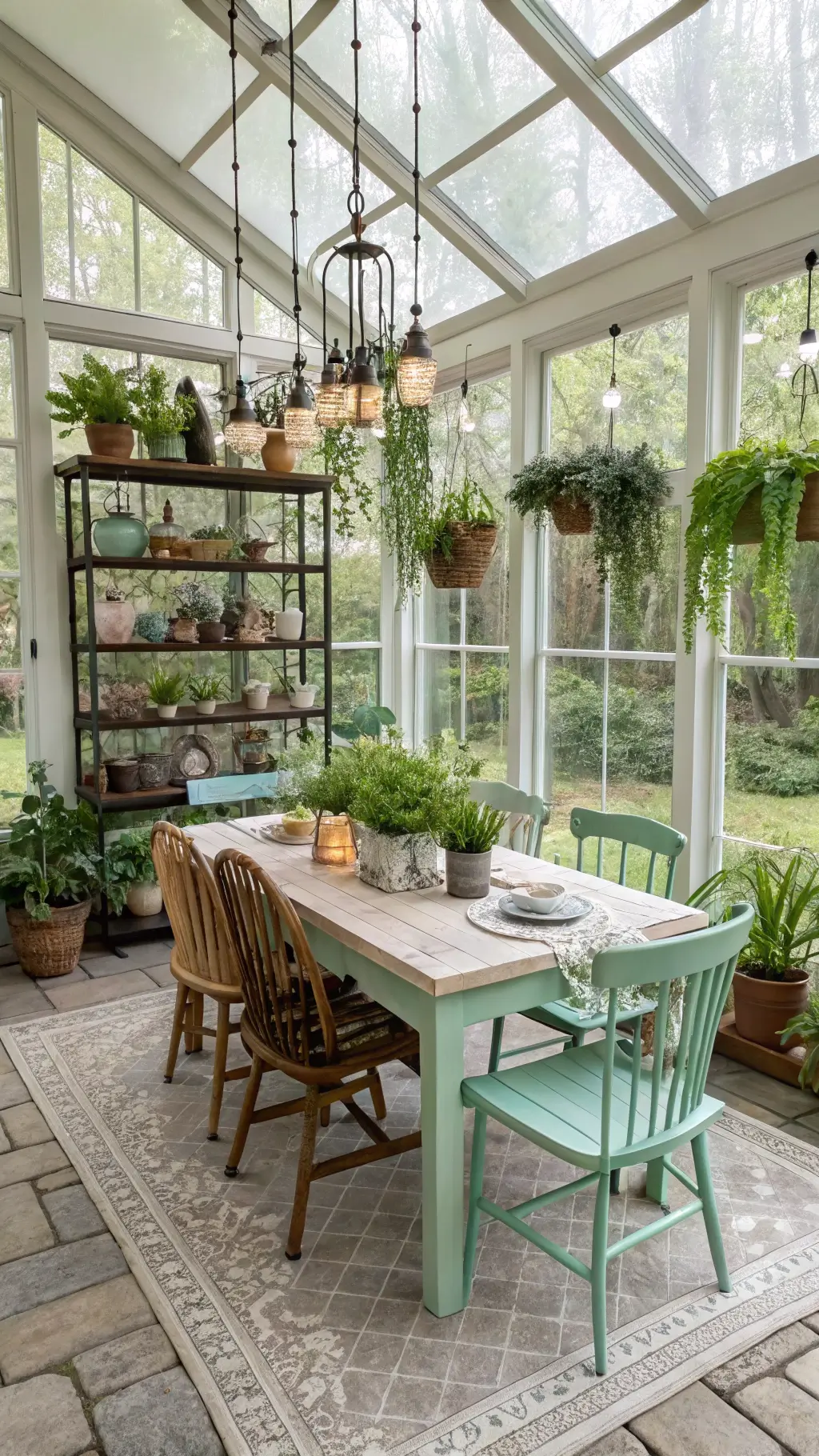 Vintage dining setup in a magical 12x24ft greenhouse with wall of windows, rustic farm table, mint-green Windsor chairs, vintage baker's rack with terrariums and trailing plants, glass orbs with air plants and tea lights, natural stone floor with kilim runners, all lit by filtered morning light.