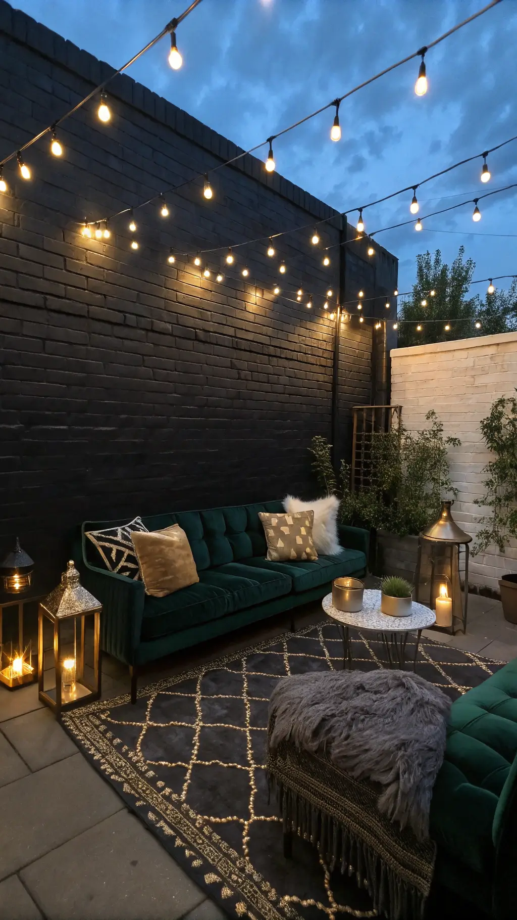 Cozy corner patio with warm white string lights canopy, emerald velvet loveseat, brass floor lamps, and mercury glass lanterns shot at blue hour.