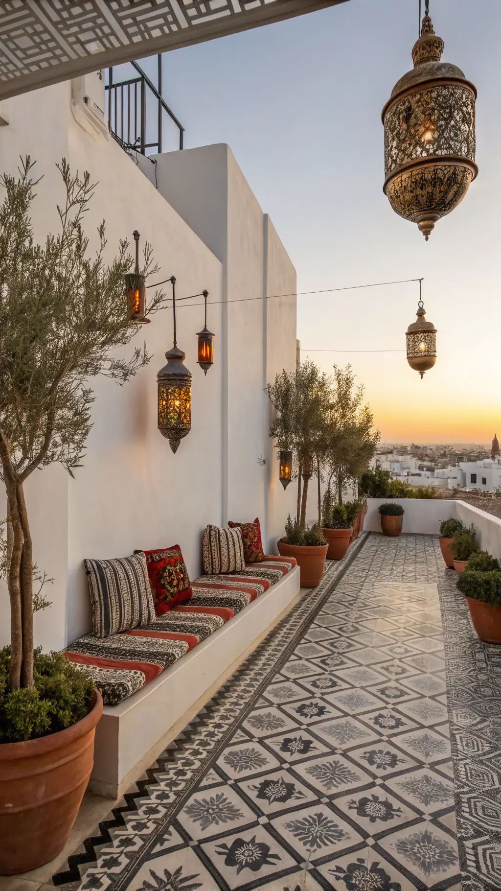 350sq ft modern Moroccan terrace at sunset, featuring white stucco walls, oversized copper lanterns, colored glass pendants, low-profile benches with patterned cushions, geometric black and white floor tiles, and potted olive trees, with a city view in the background.