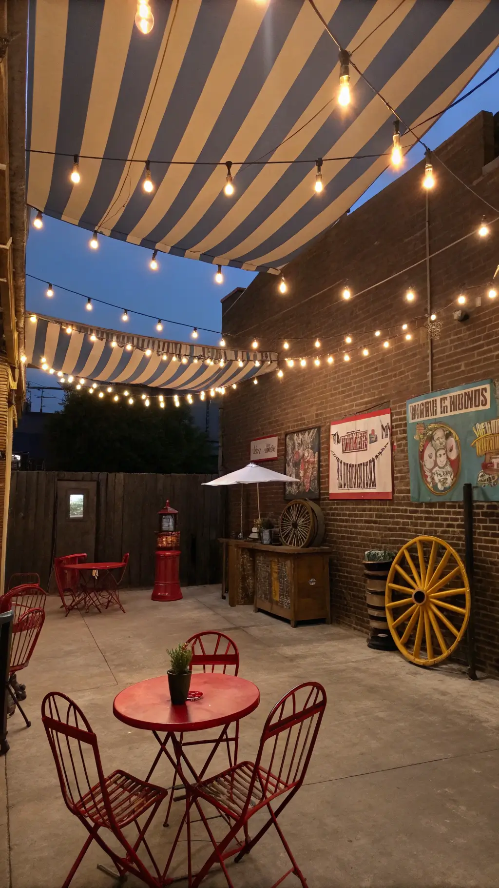 Vintage circus-themed 275sq ft courtyard at dusk, featuring striped canvas awning with Edison bulbs, restored carnival games as wall art on dark painted brick, central seating area with wagon wheel table and metal bistro chairs, circus props, and theatrical lighting.