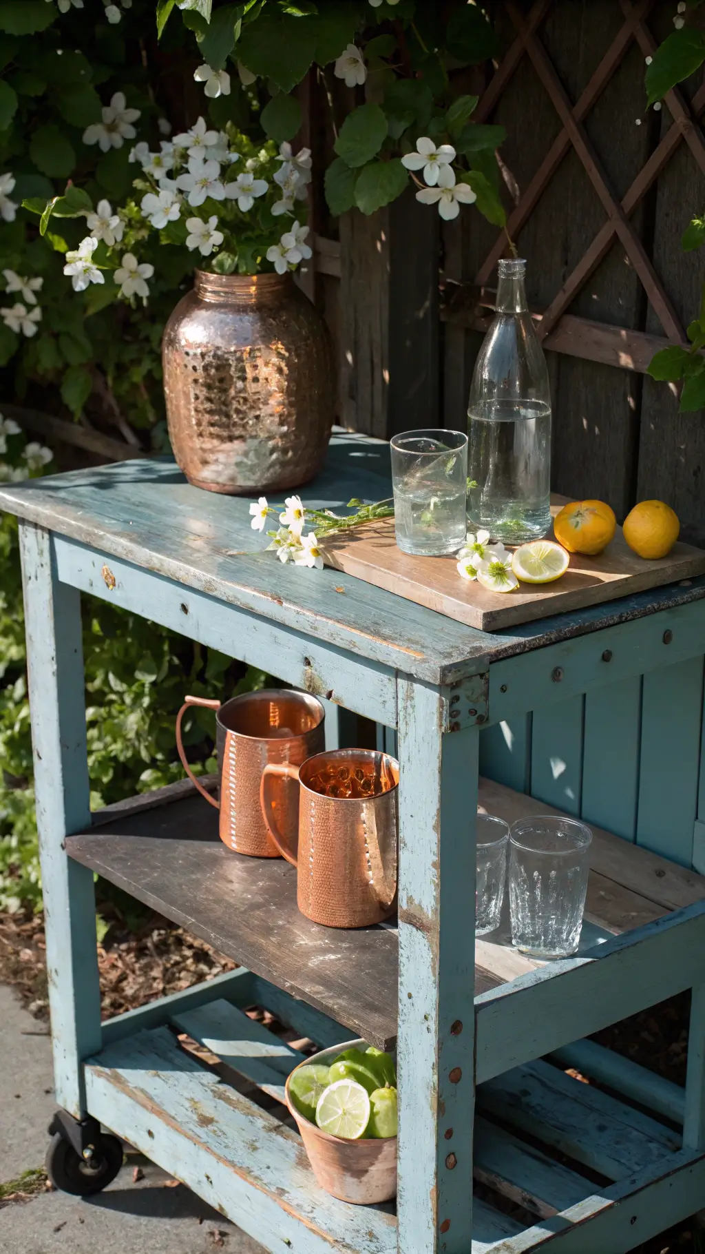 1264rustic beverage cart copper mugs