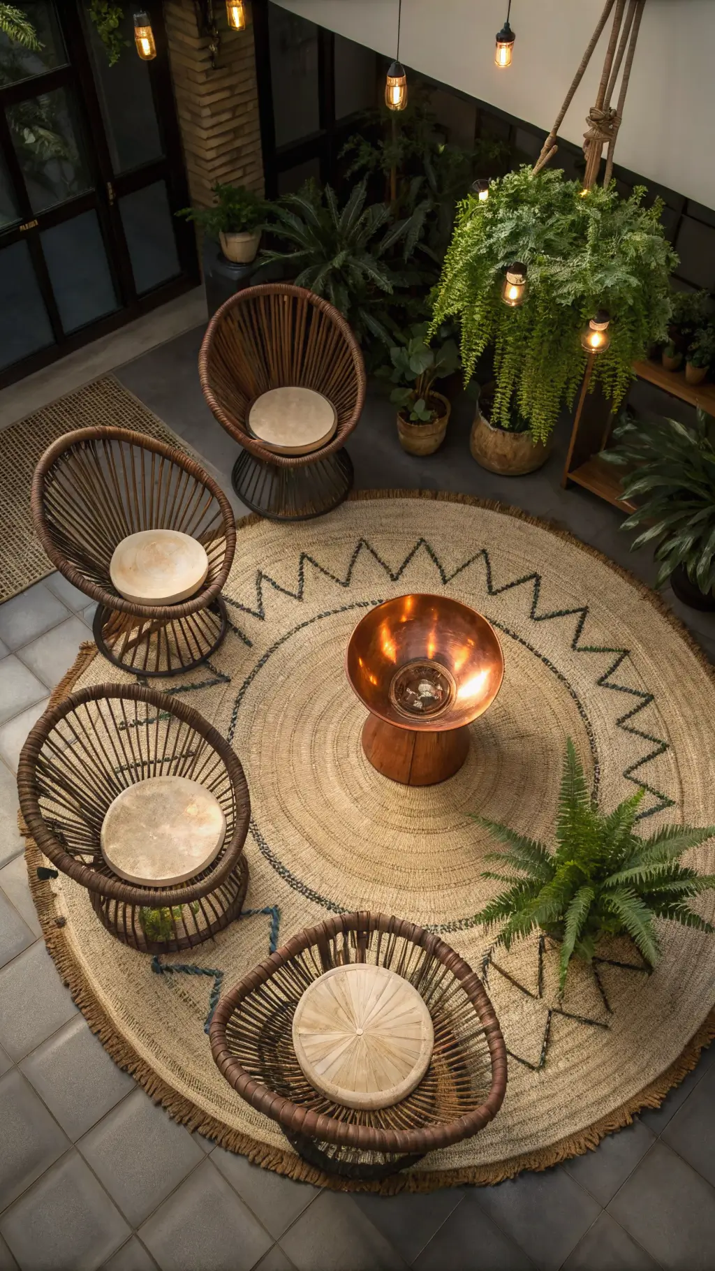 Bird's eye view of a circular seating arrangement with six vintage peacock chairs on a round jute rug, featuring a centered copper fire bowl surrounded by potted ferns and eucalyptus, Moroccan leather poufs, hanging basket planters with trailing vines, all under warm evening lighting.