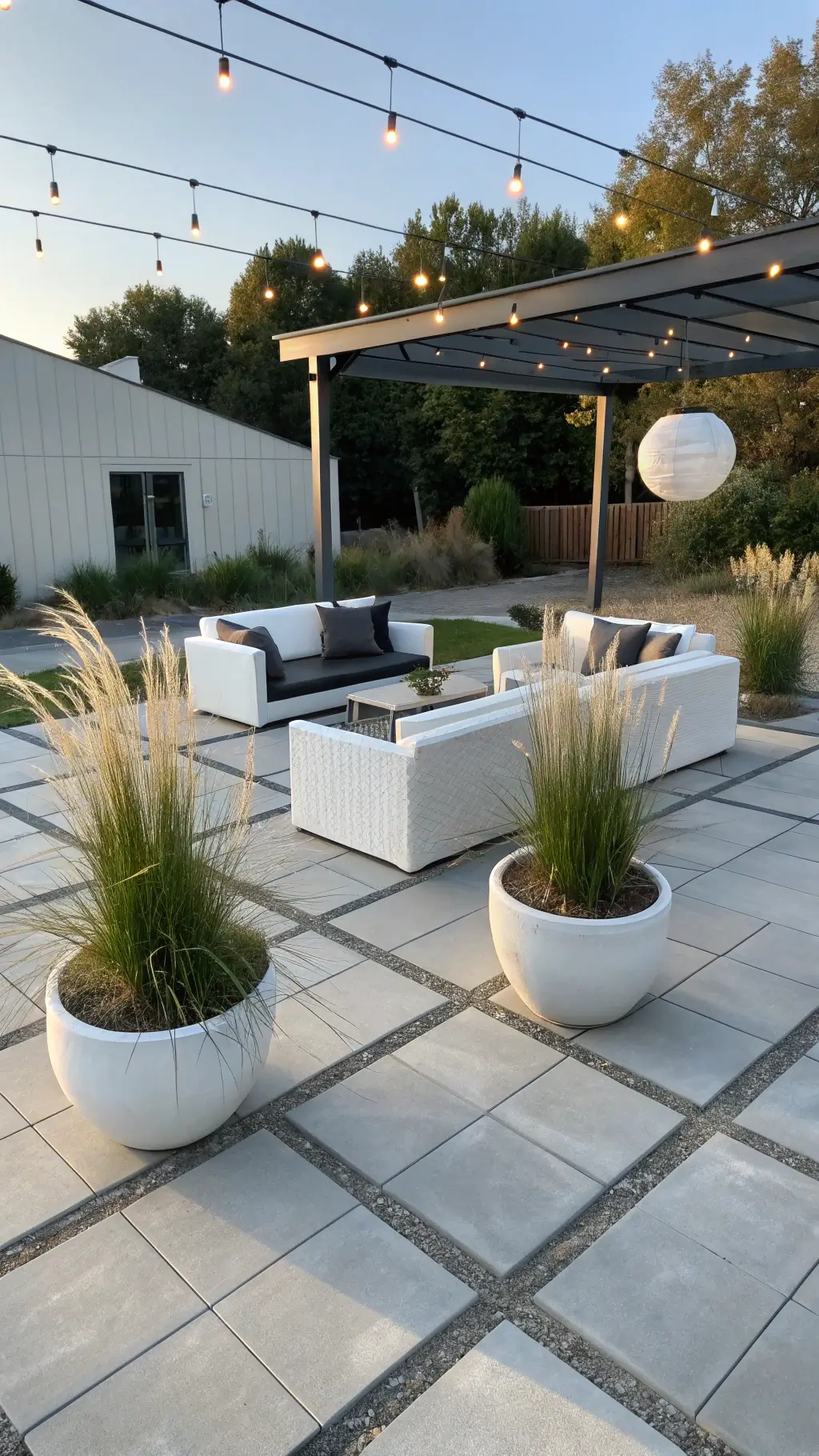 Overhead view of a minimalist 16x16ft garden lounge with light gray concrete pavers, white aluminum furniture with charcoal cushions, tall grasses in white ceramic planters under midday light creating dramatic shadows, and clear globe string lights in geometric pattern.