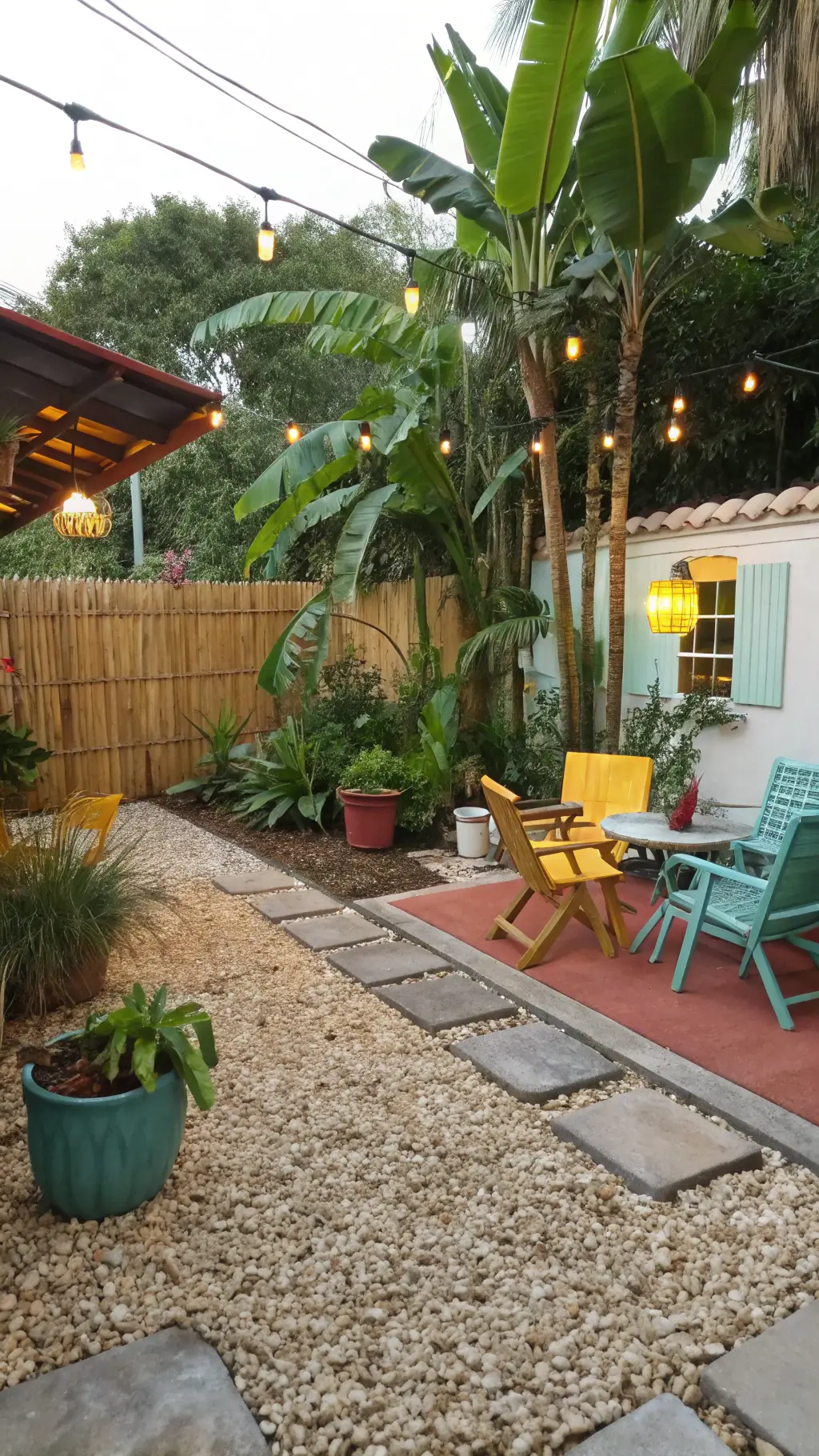 A bright and airy 15x20ft tropical budget oasis featuring a rectangular gravel patio with warm tan river rock, mixed vintage furniture in tropical hues of coral, turquoise and yellow, large banana leaf plants in painted terra cotta pots, a DIY bamboo privacy screen with climbing jasmine, and rattan pendant lights hanging from shepherd's hooks, captured in a wide angle shot during mid-morning.
