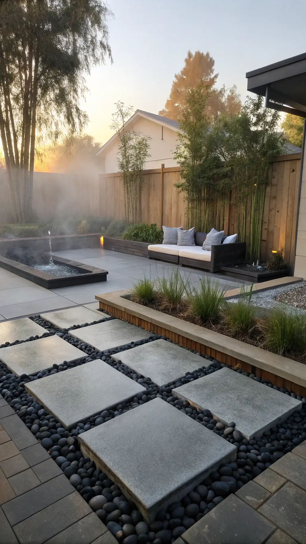 Minimalist Zen garden with large concrete pavers in black river rock, teak platform seating, square concrete fountains, and black bamboo in contemporary planters, captured in dawn lighting with fog effects using a ultra-wide 14mm lens with f/11 for maximum depth.