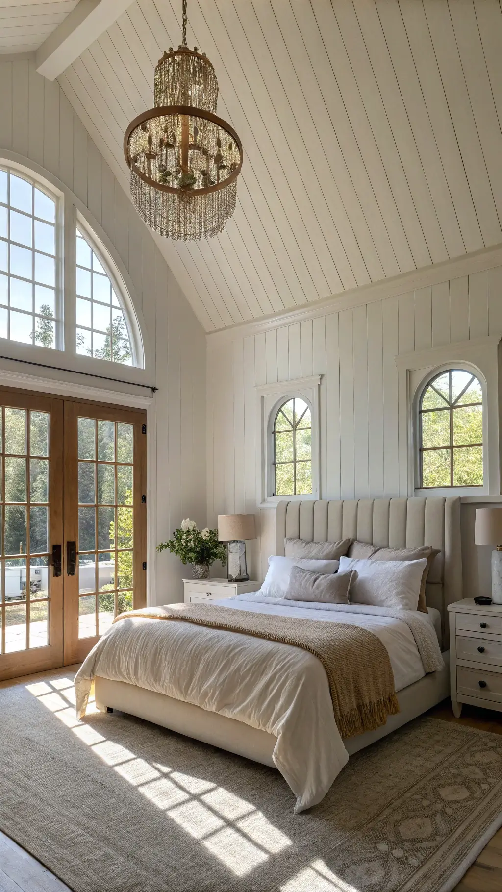 Serene 20x25ft master bedroom with warm white shiplap wall, large arched wood window, natural linen king bed, repurposed French doors as wall art and golden hour lighting.