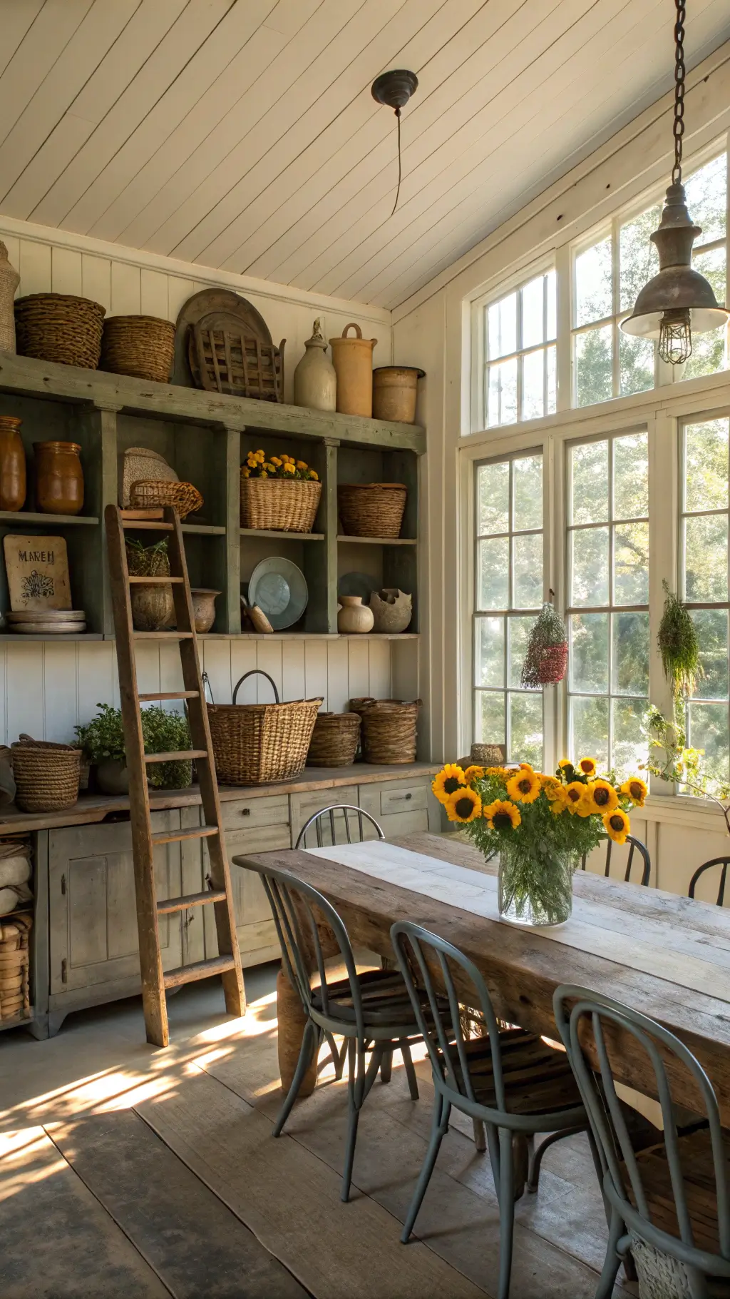 Late afternoon sun shining through restoration-style windows in a 16x18ft craft room with open shelving of vintage pottery and woven baskets, a reclaimed pine farmhouse table with weathered metal chairs, and a vintage ladder displaying wreaths and dried flowers.