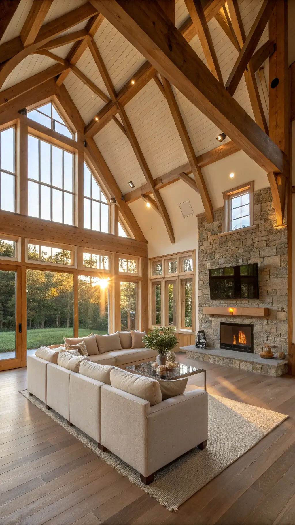 Wide-angle view of spacious 22x30ft great room bathed in golden hour light from clerestory windows, showcasing exposed wooden beams, double-height ceiling, natural linen L-shaped sectional, and pale oak storage, accented with handwoven textiles and ceramics.